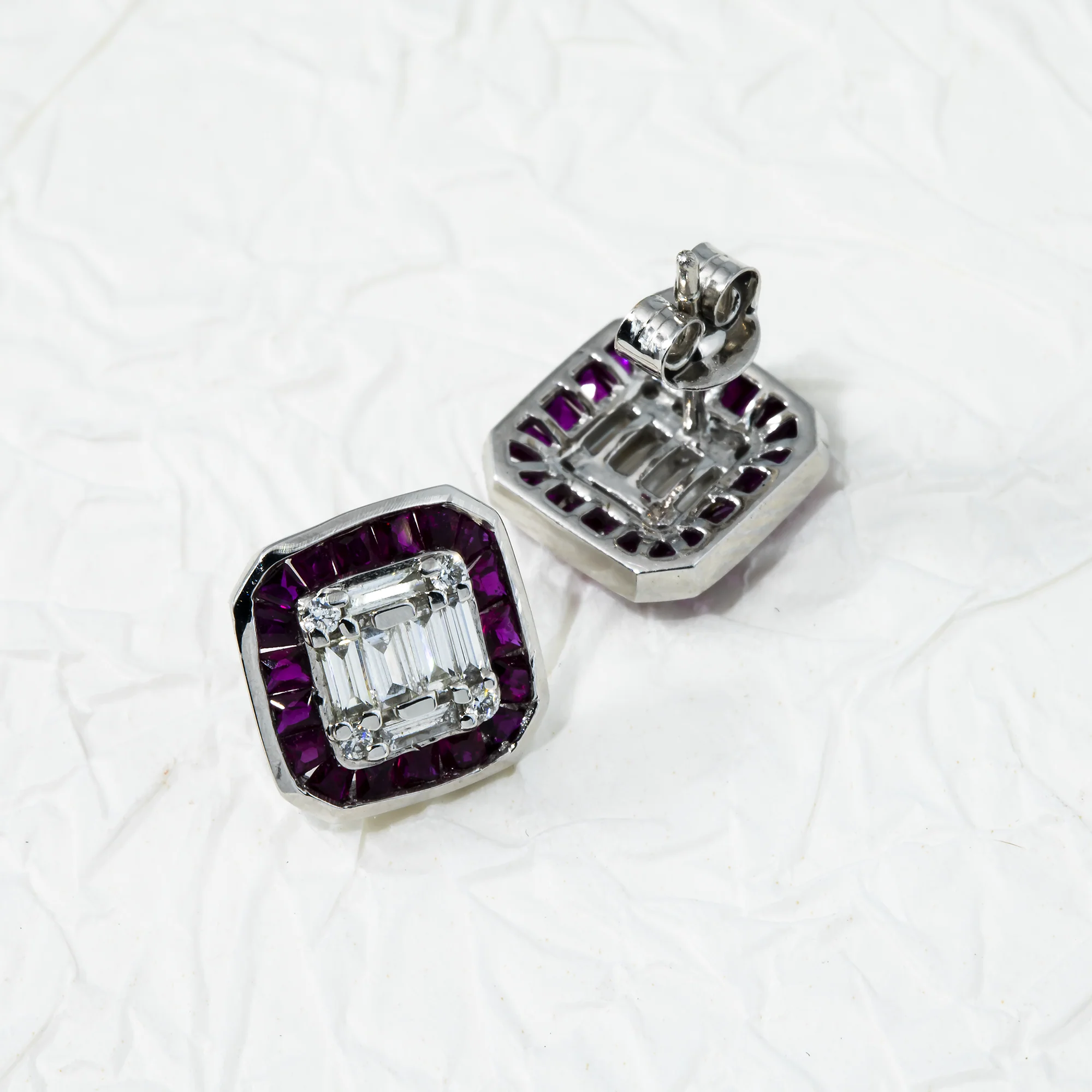 14K White Gold Ruby & Diamond Square Stud Earrings - Image 3