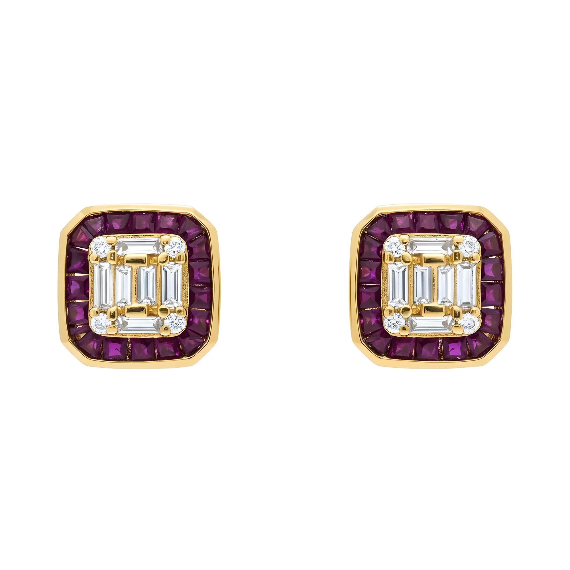 14K White Gold Ruby & Diamond Square Stud Earrings - Image 4