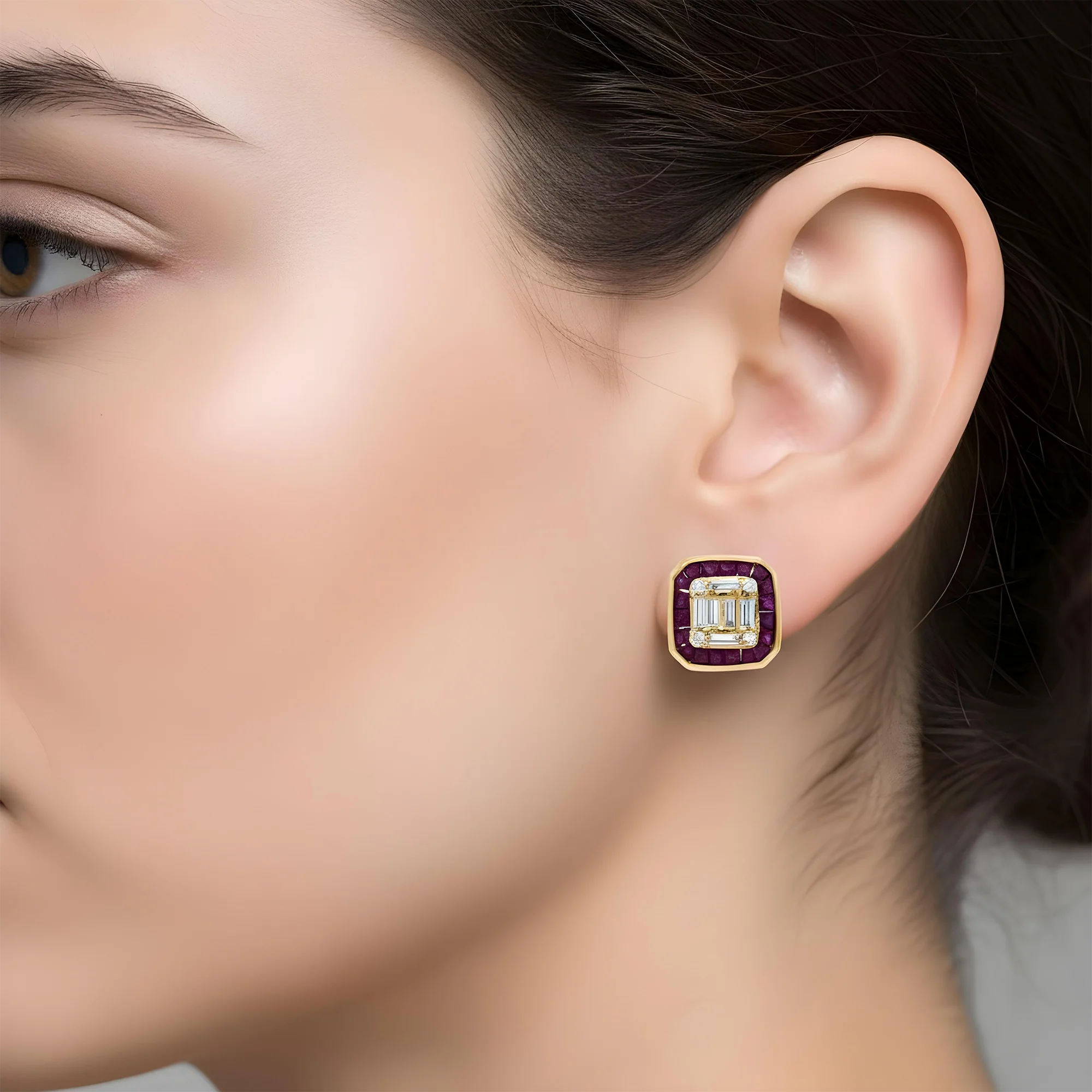 14K White Gold Ruby & Diamond Square Stud Earrings - Image 5