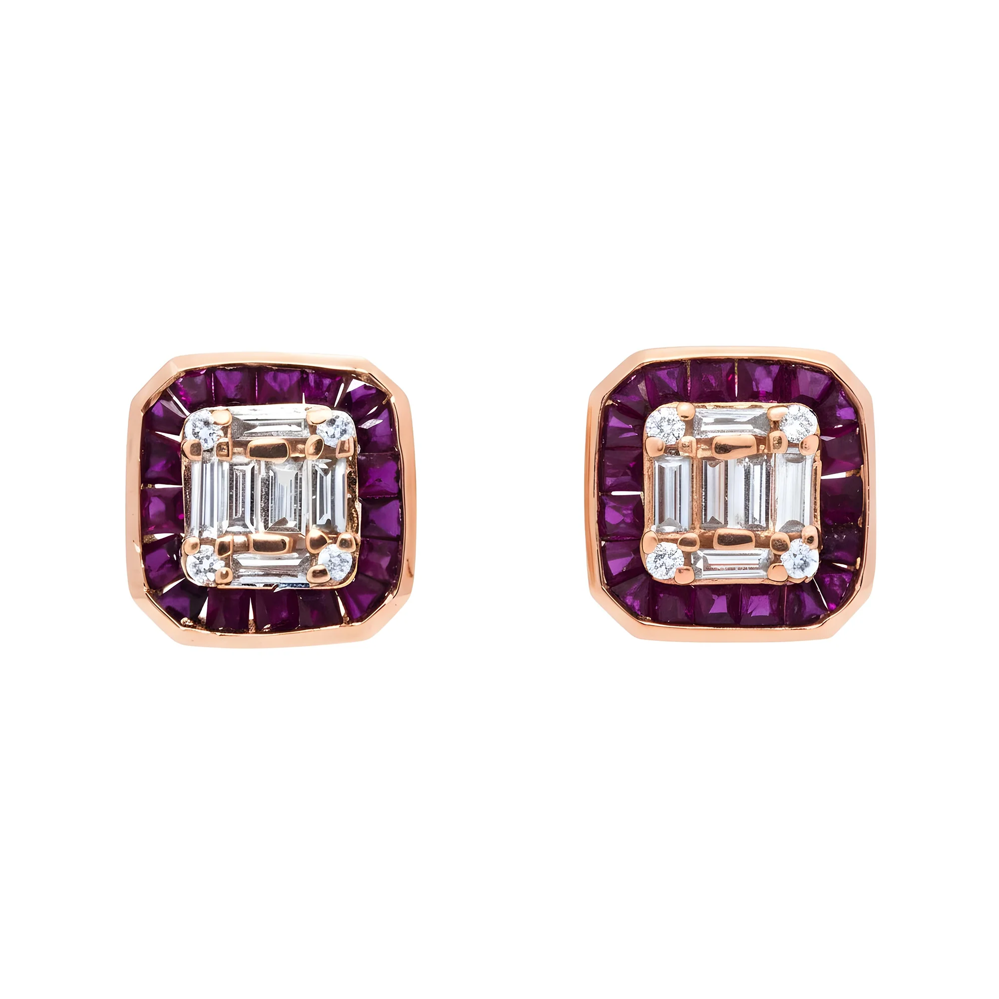 14K White Gold Ruby & Diamond Square Stud Earrings - Image 6