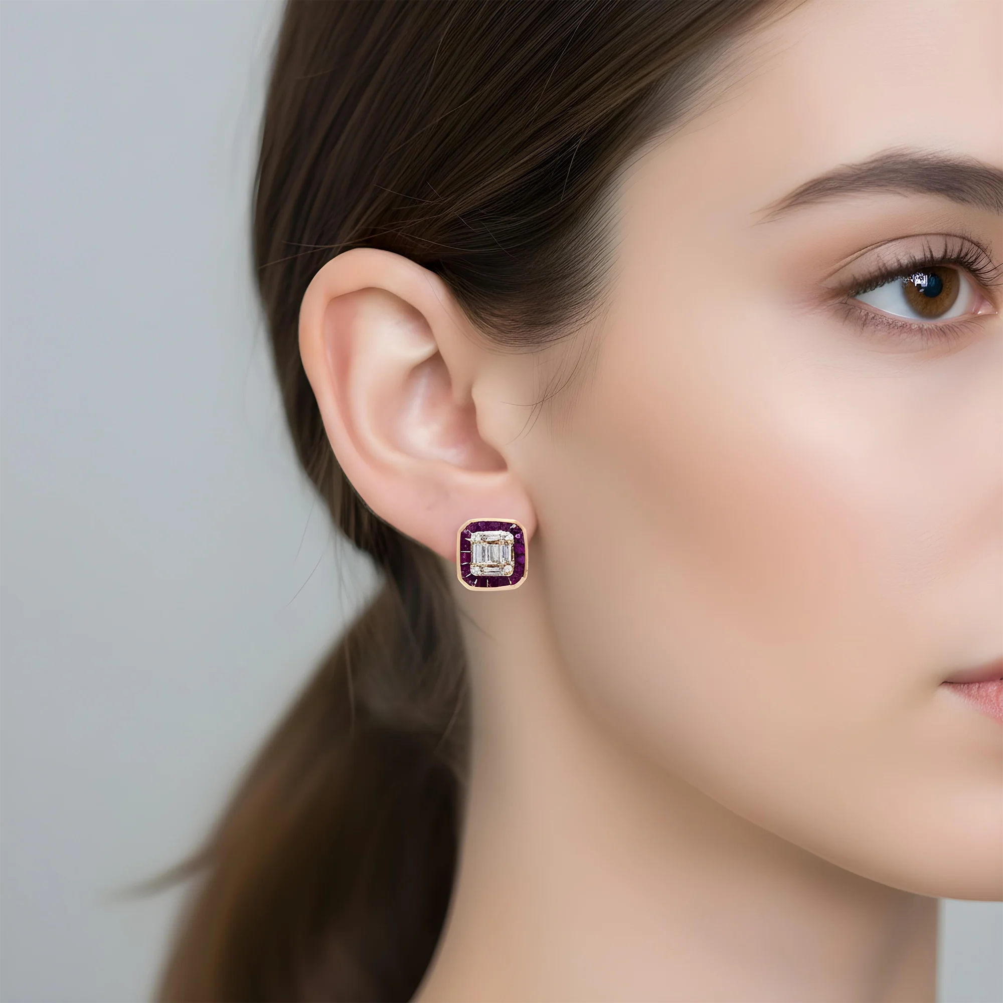 14K White Gold Ruby & Diamond Square Stud Earrings - Image 7