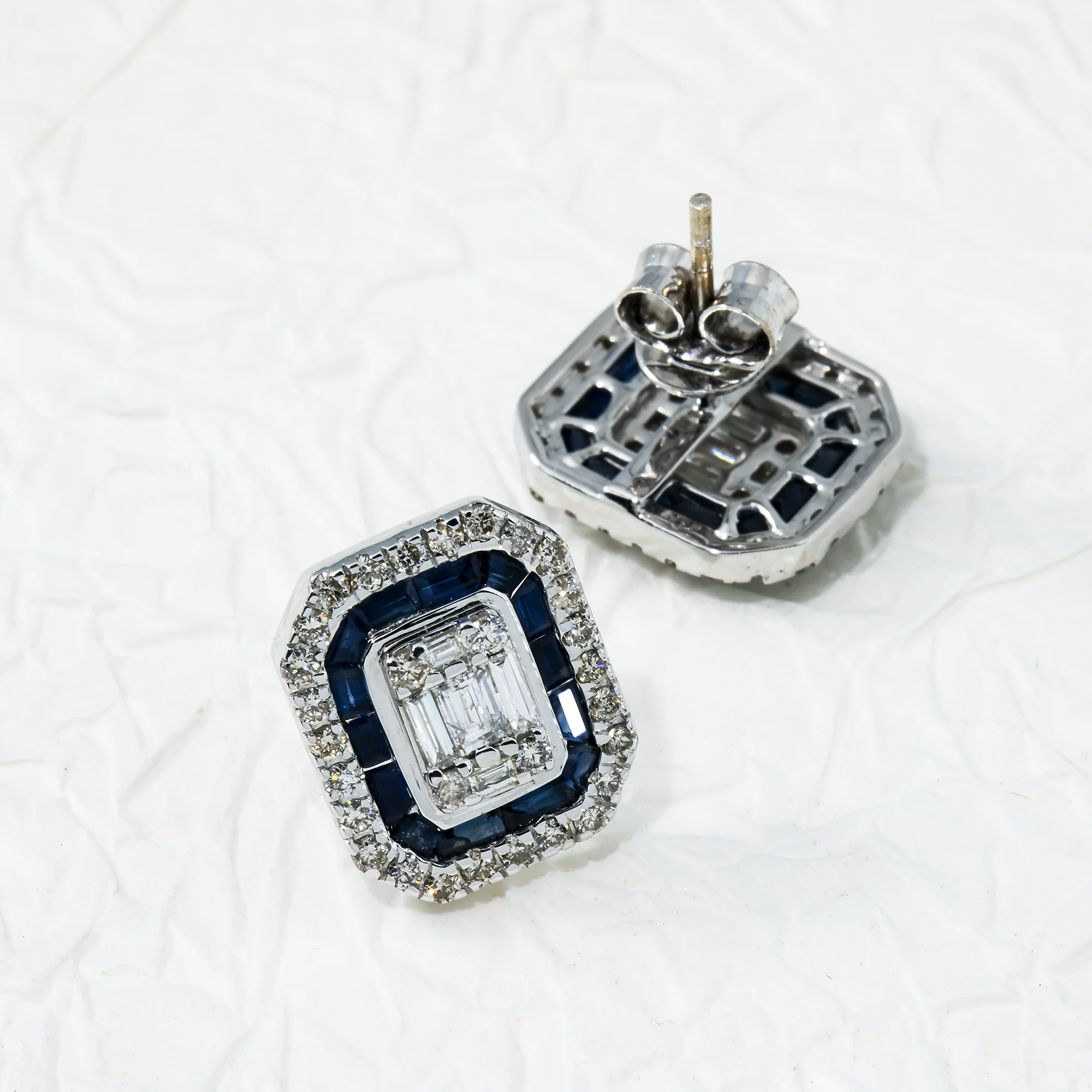 14K White Gold Sapphire & Diamond Square Stud Earrings - Image 3