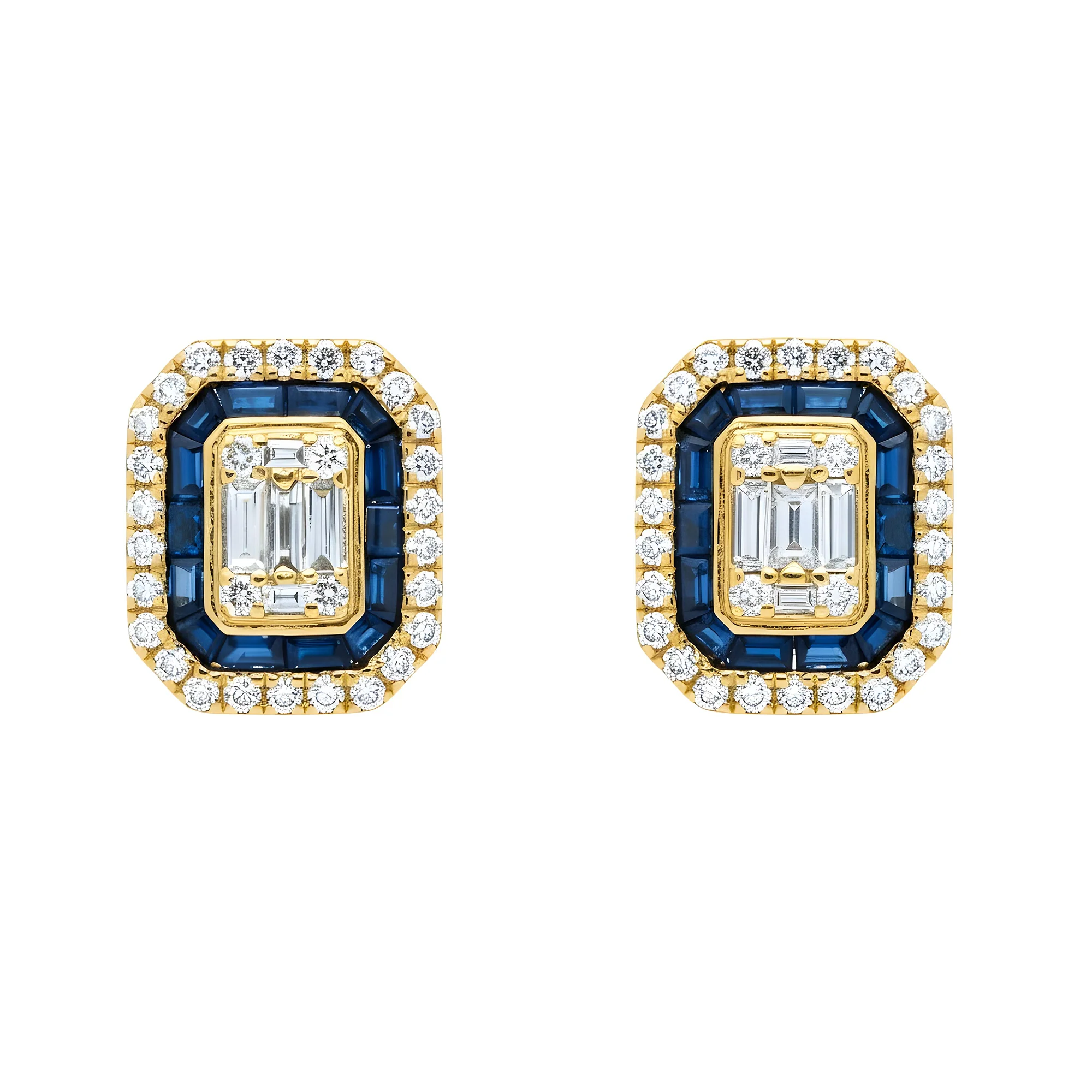 14K White Gold Sapphire & Diamond Square Stud Earrings - Image 4