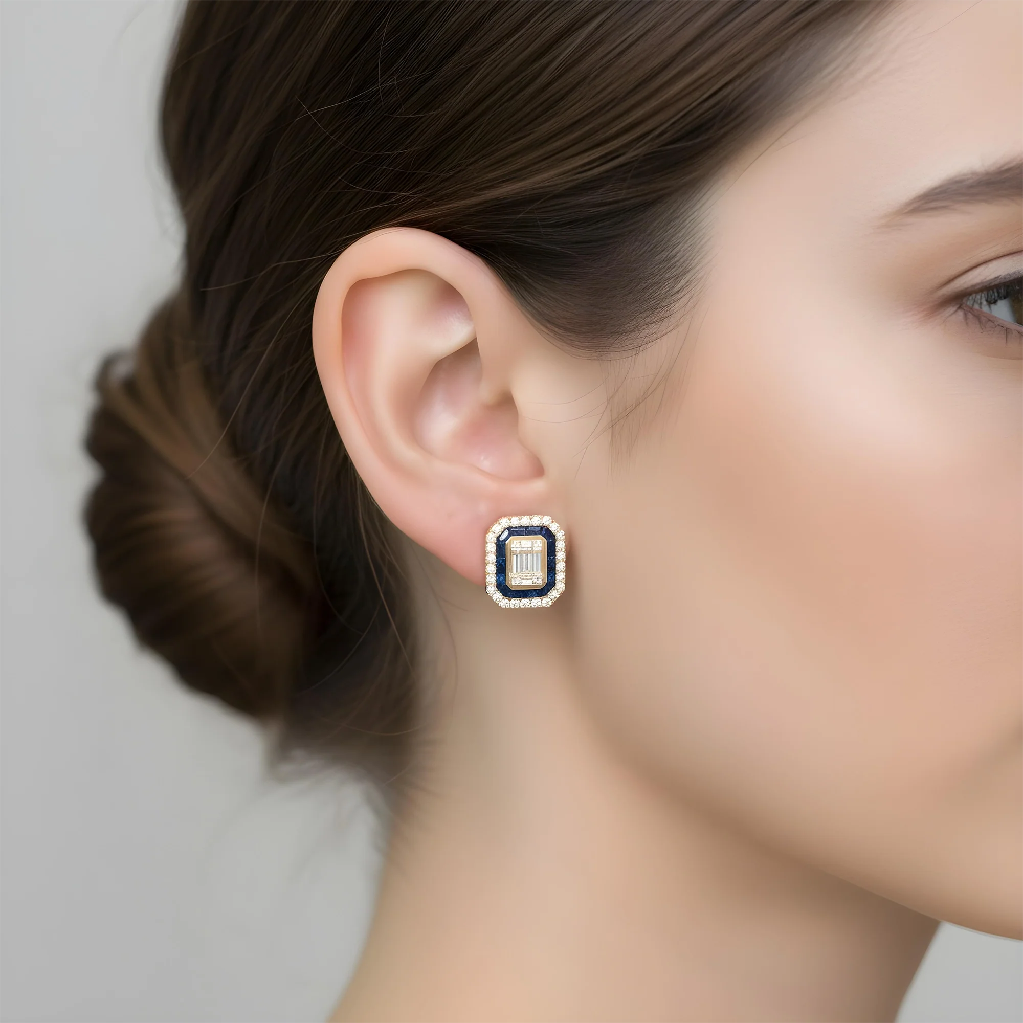 14K White Gold Sapphire & Diamond Square Stud Earrings - Image 5