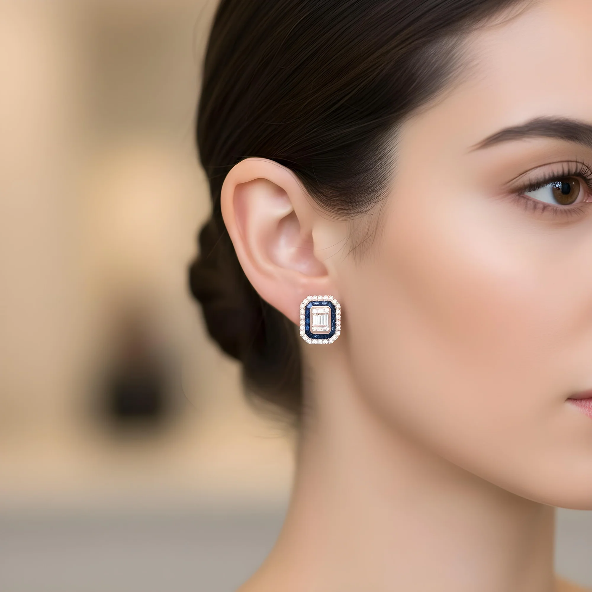 14K White Gold Sapphire & Diamond Square Stud Earrings - Image 7