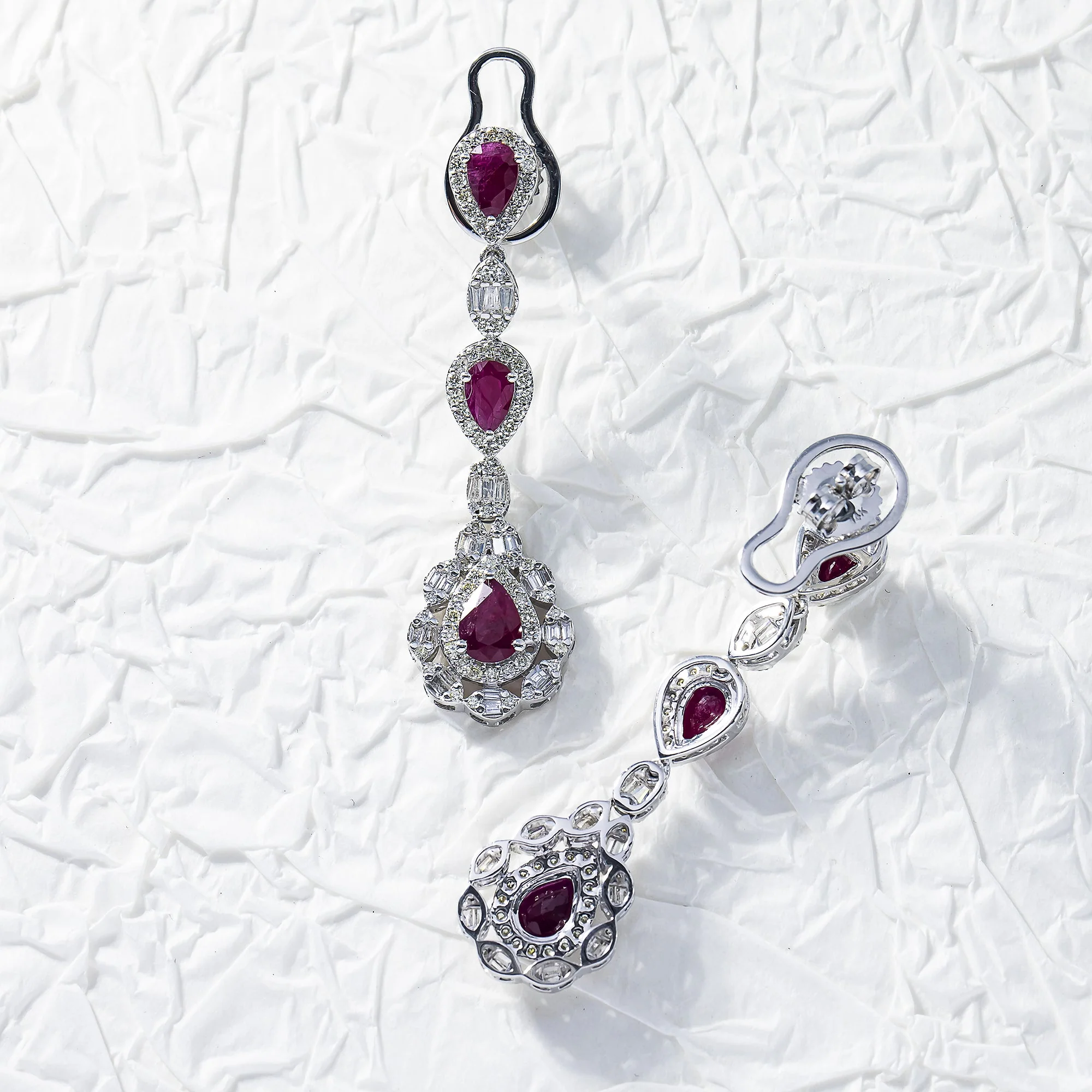 14K White Gold Ruby & Diamond Three Tier Drop Earrings - Image 3