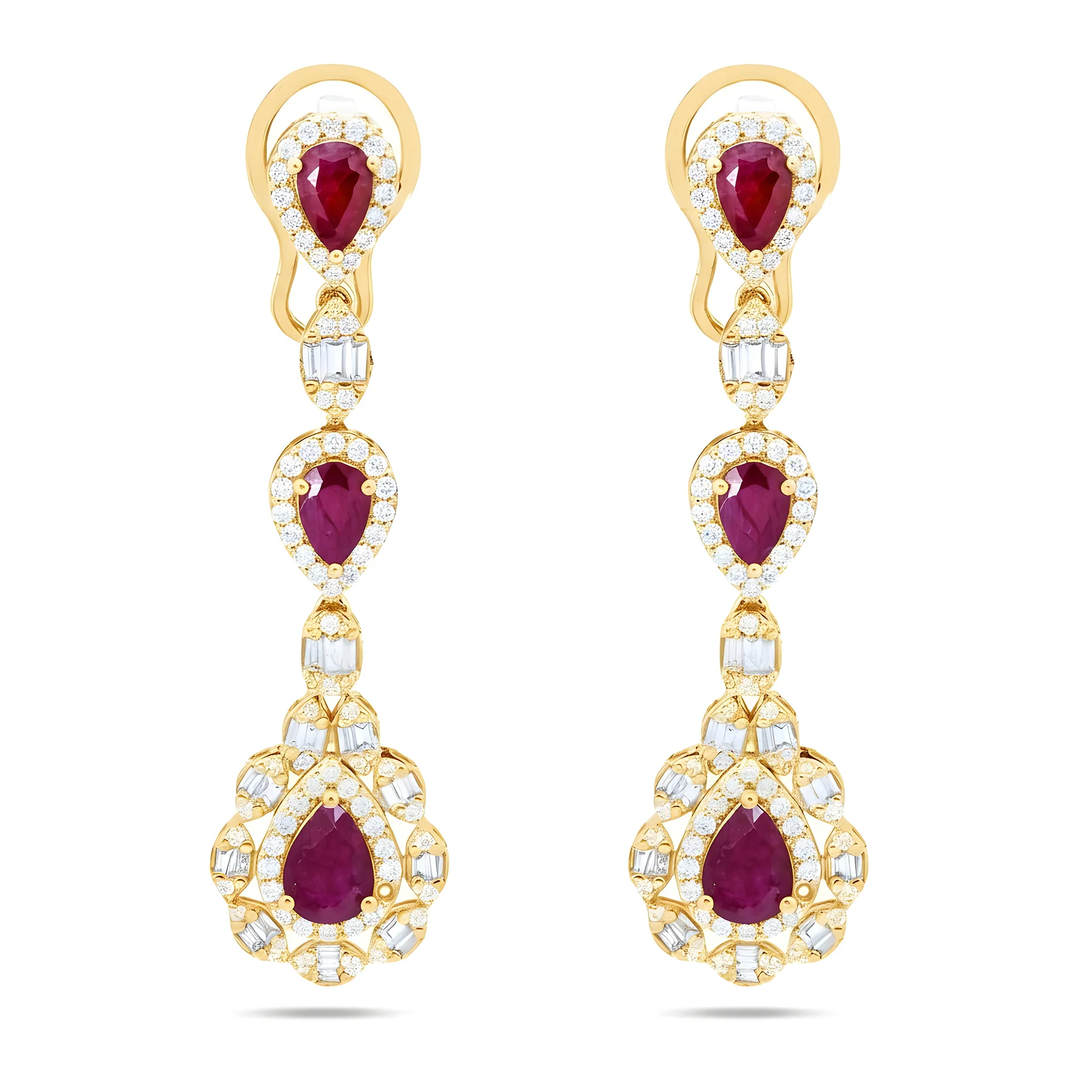 14K White Gold Ruby & Diamond Three Tier Drop Earrings - Image 4