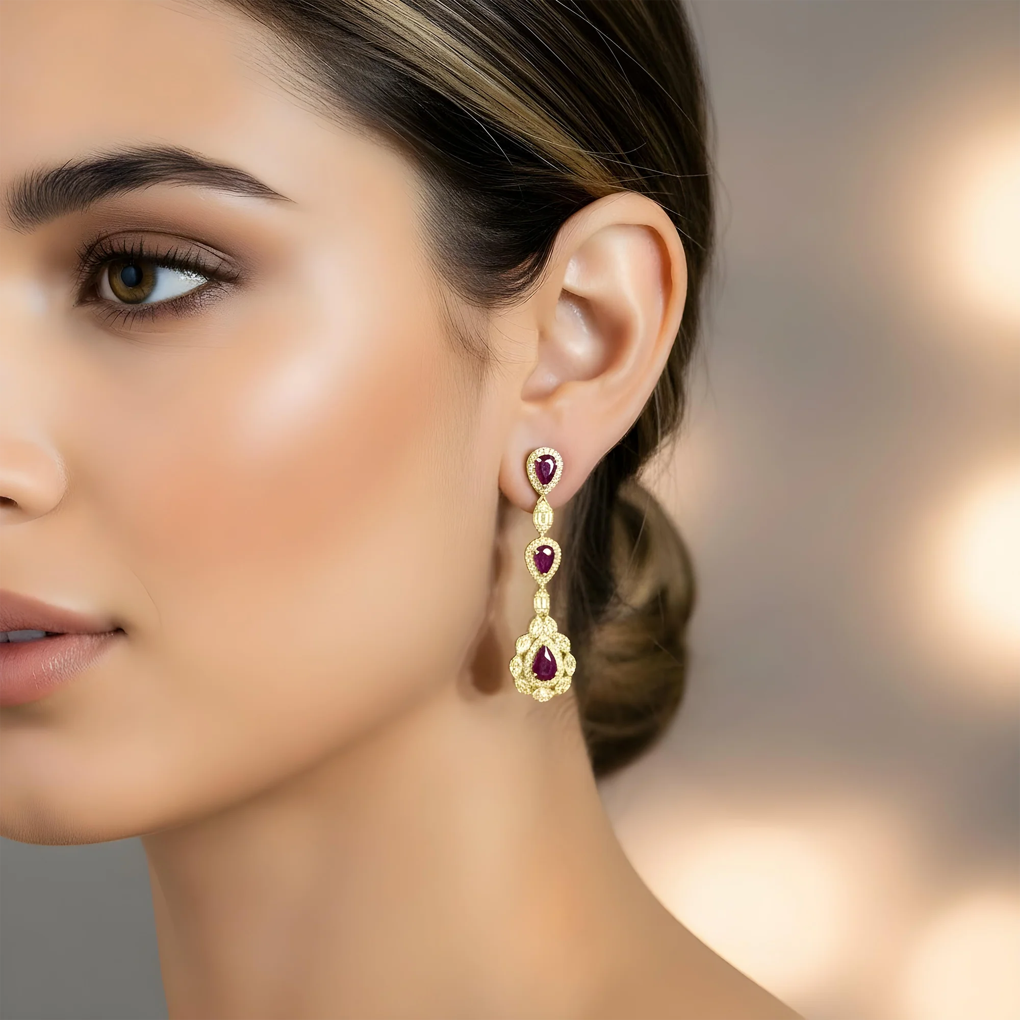14K White Gold Ruby & Diamond Three Tier Drop Earrings - Image 5