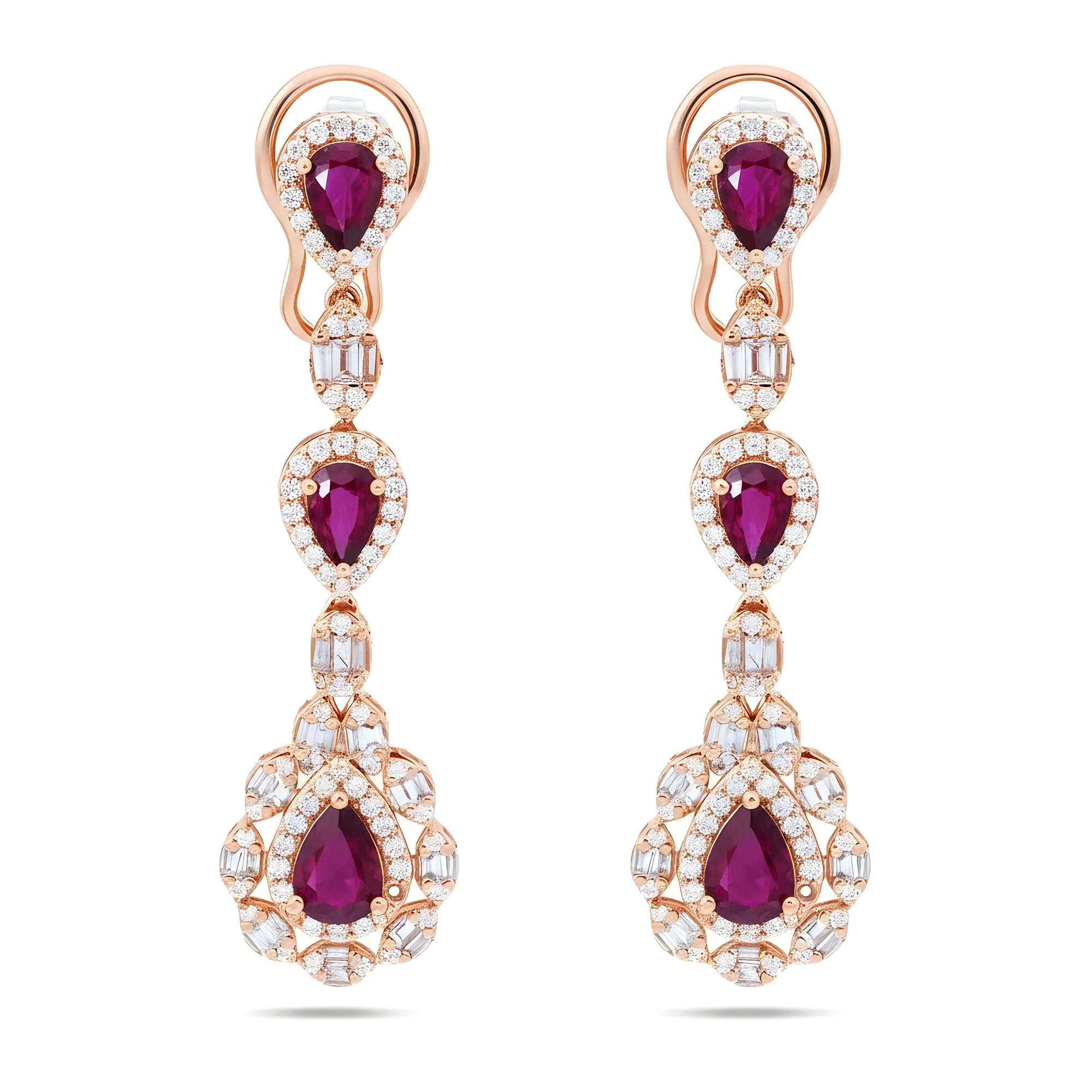 14K White Gold Ruby & Diamond Three Tier Drop Earrings - Image 6