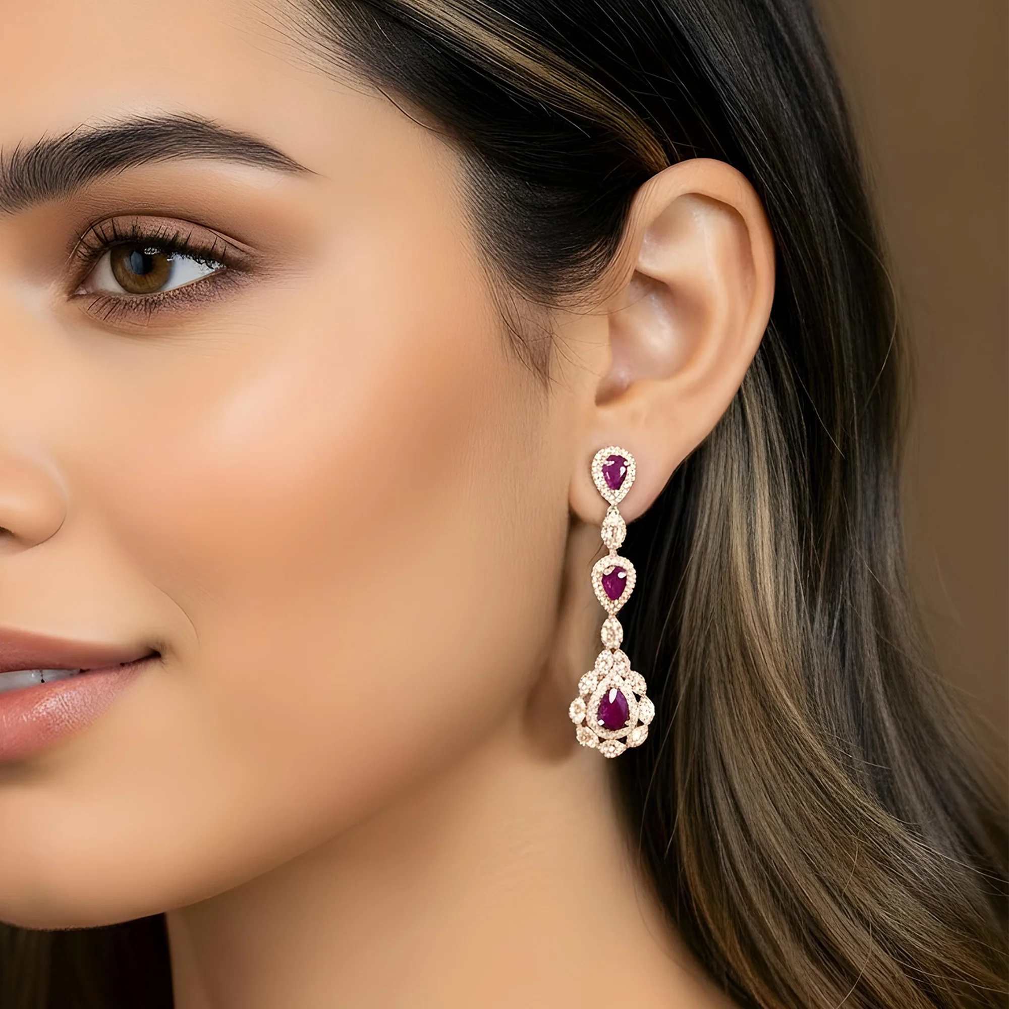 14K White Gold Ruby & Diamond Three Tier Drop Earrings - Image 7