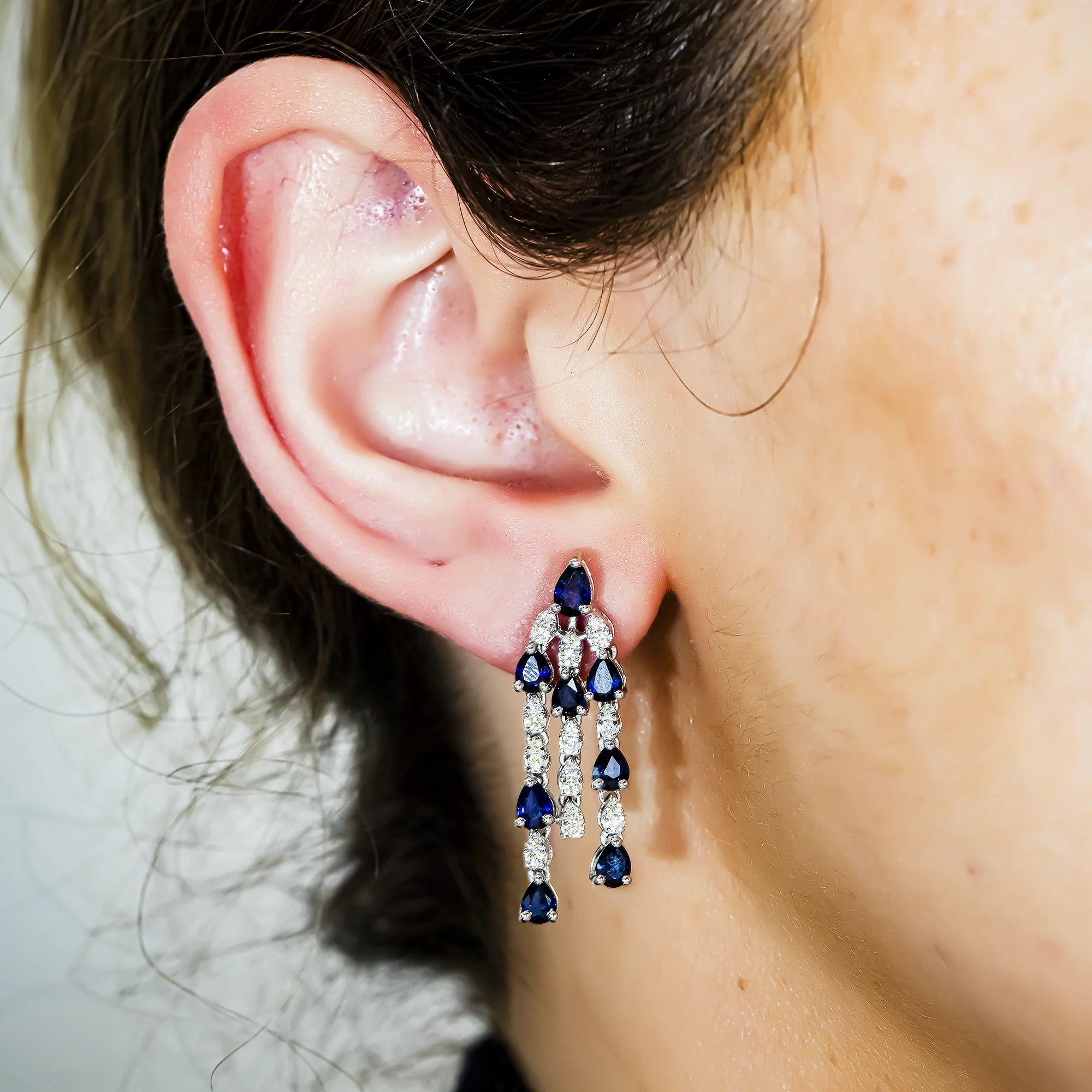 14K White Gold Three Tier Sapphire & Diamond Chandelier Drop Earrings 3.99ctw - Image 2