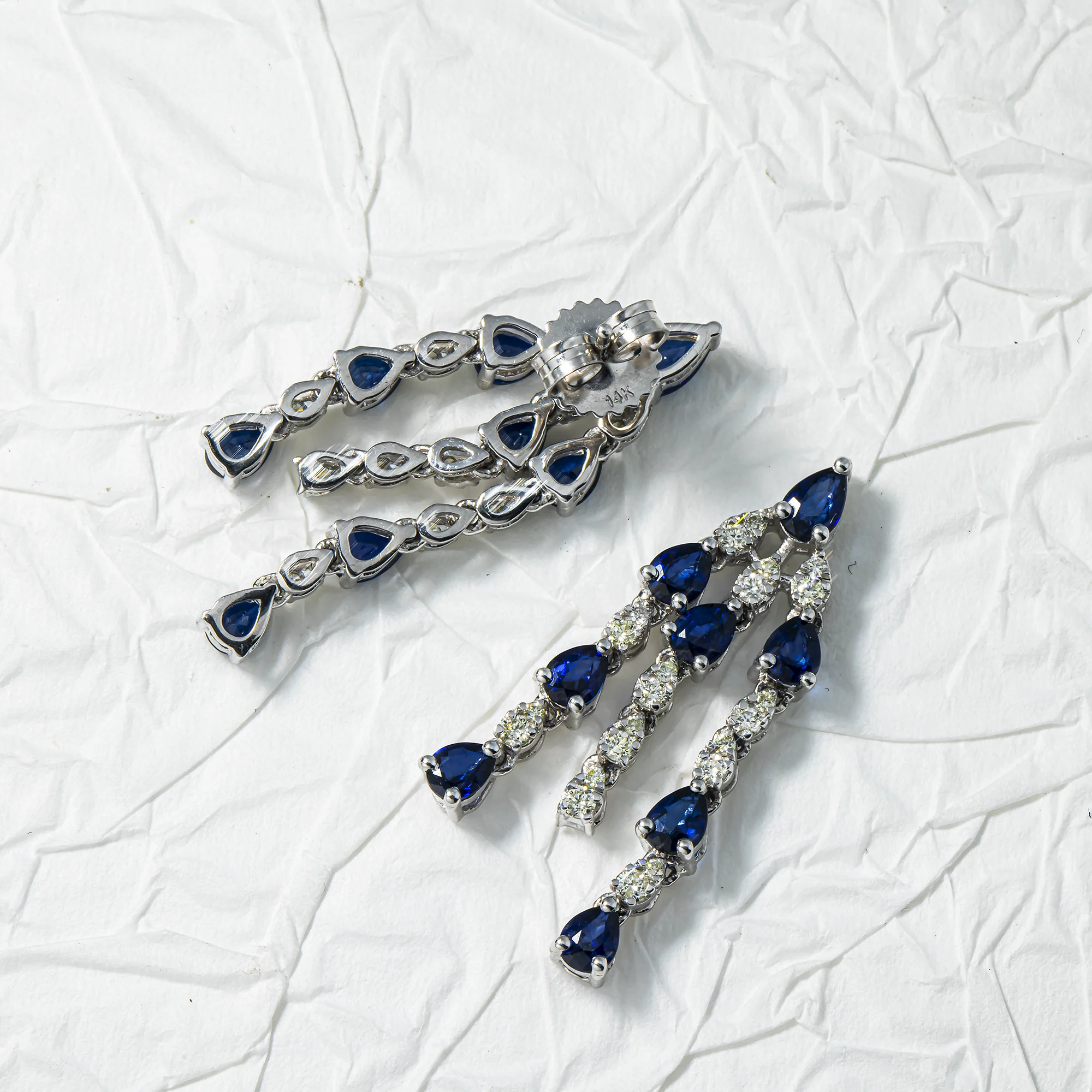 14K White Gold Three Tier Sapphire & Diamond Chandelier Drop Earrings 3.99ctw - Image 3