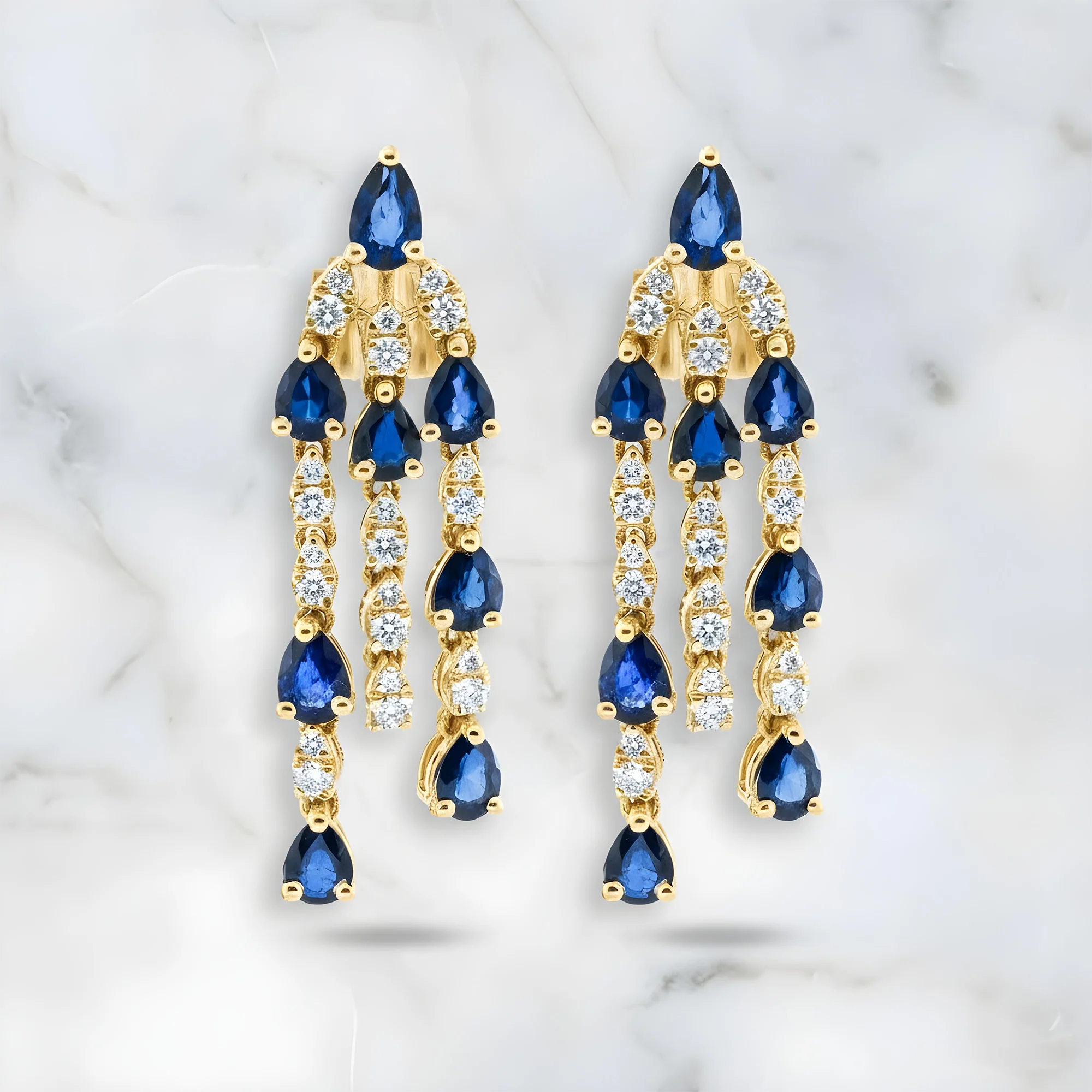14K White Gold Three Tier Sapphire & Diamond Chandelier Drop Earrings 3.99ctw - Image 4
