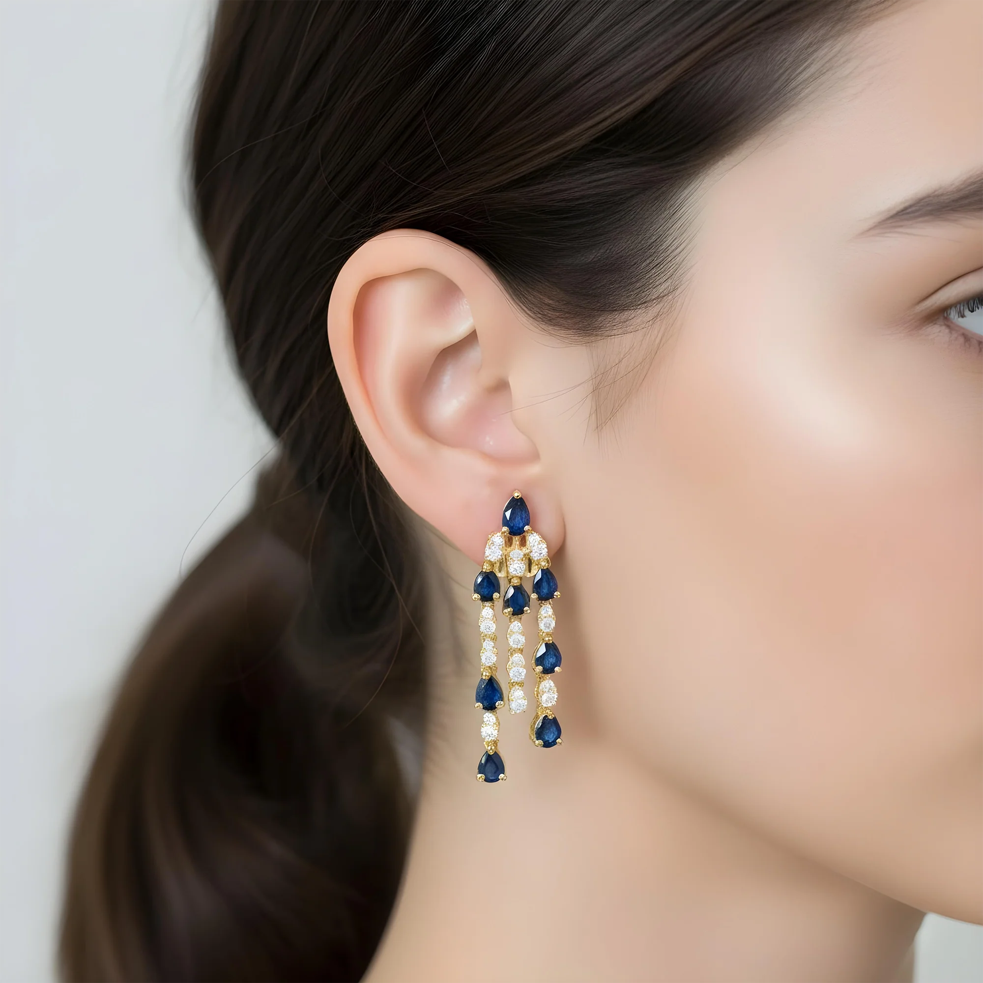 14K White Gold Three Tier Sapphire & Diamond Chandelier Drop Earrings 3.99ctw - Image 5