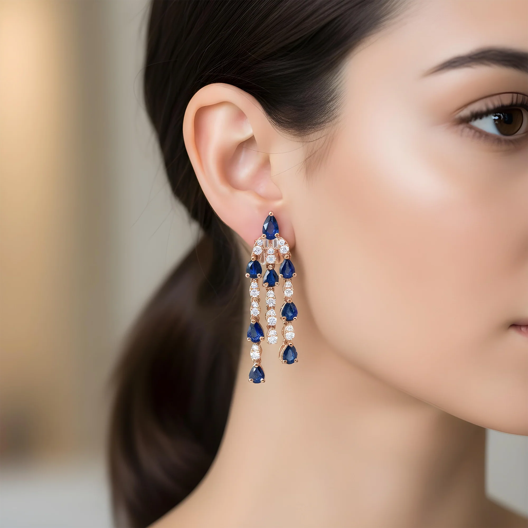 14K White Gold Three Tier Sapphire & Diamond Chandelier Drop Earrings 3.99ctw - Image 7