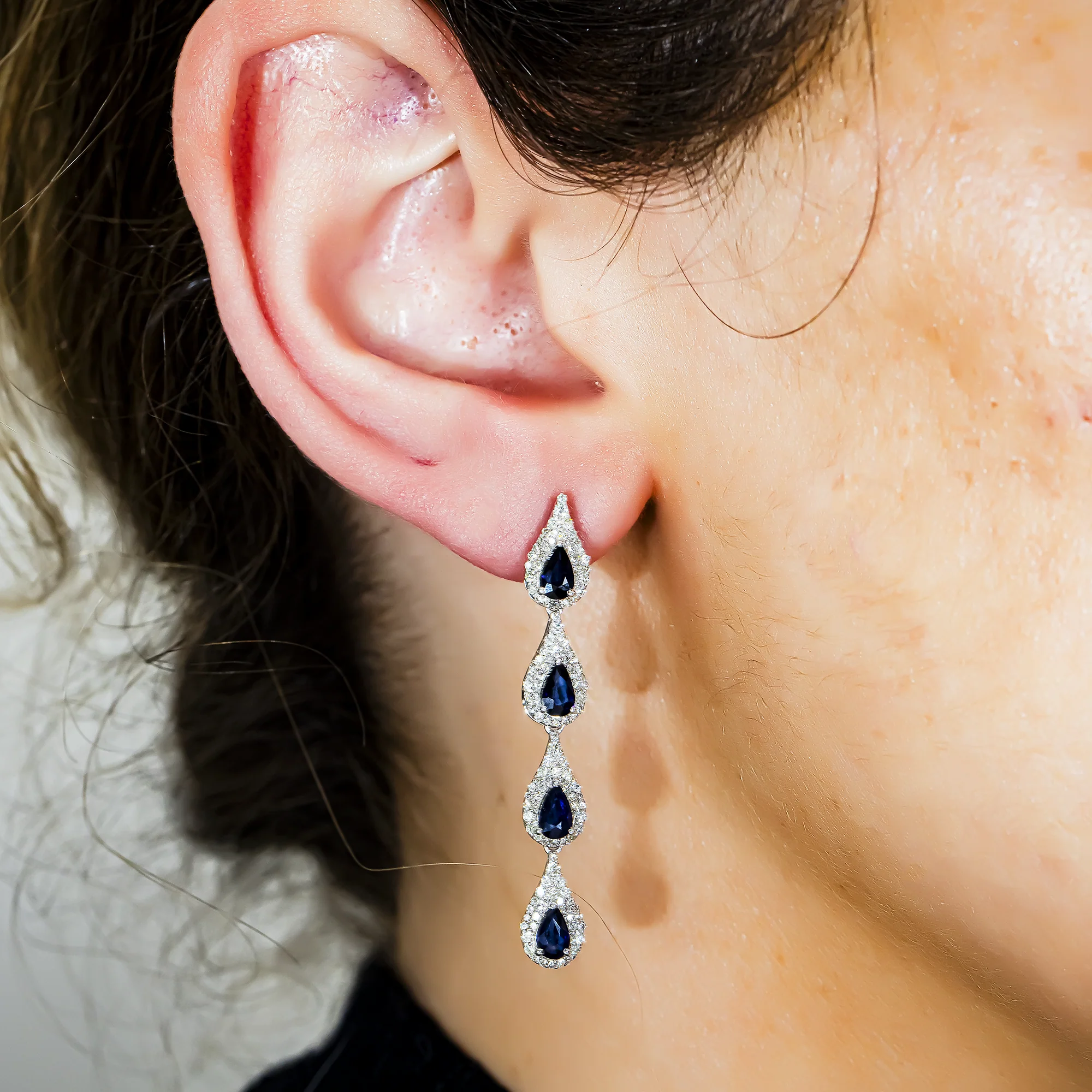 14K White Gold Sapphire & Round Diamond Drop Earrings 2.62ctw - Image 2