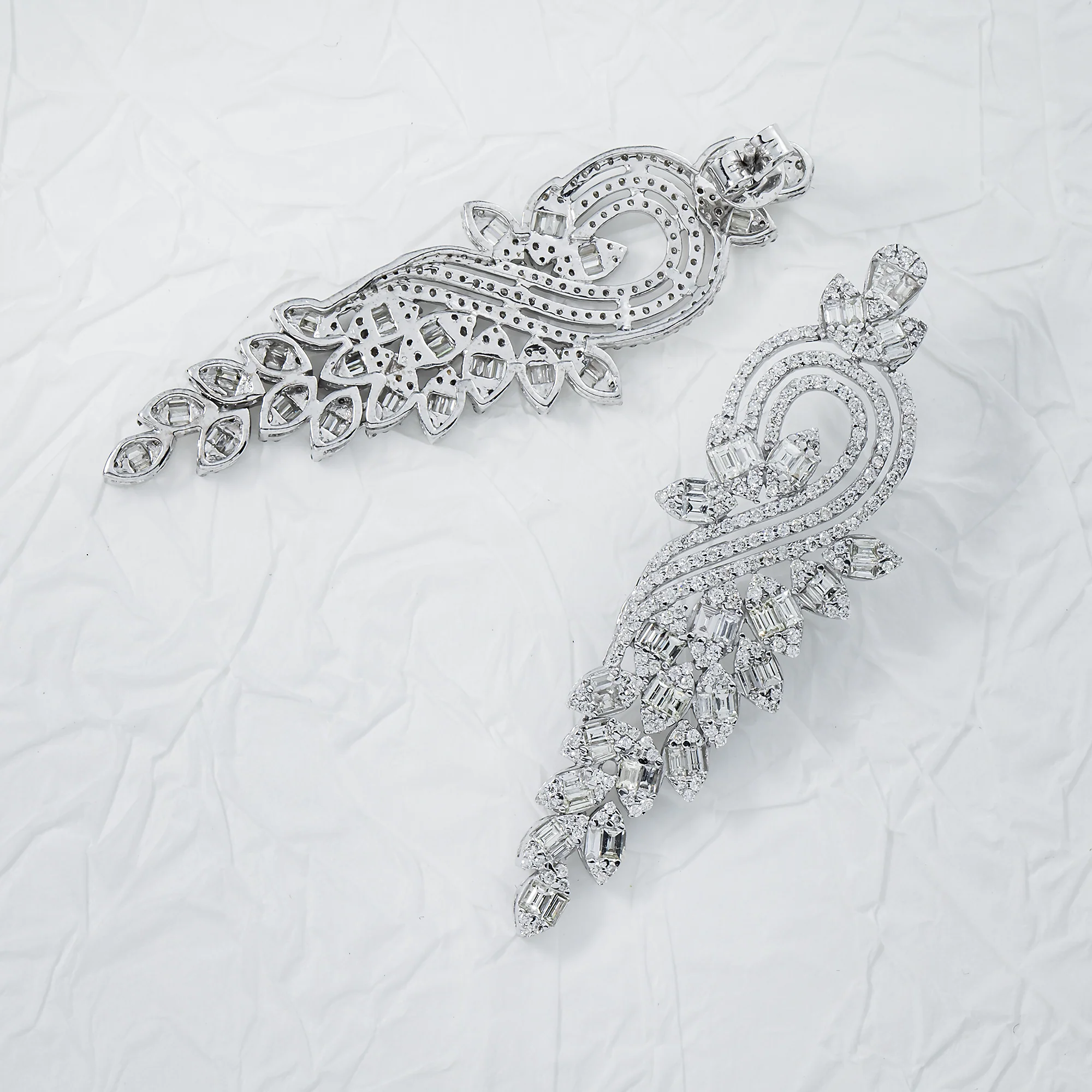 14K White Gold Serenading Swan Diamond Drop Earrings 5.30ctw - Image 3