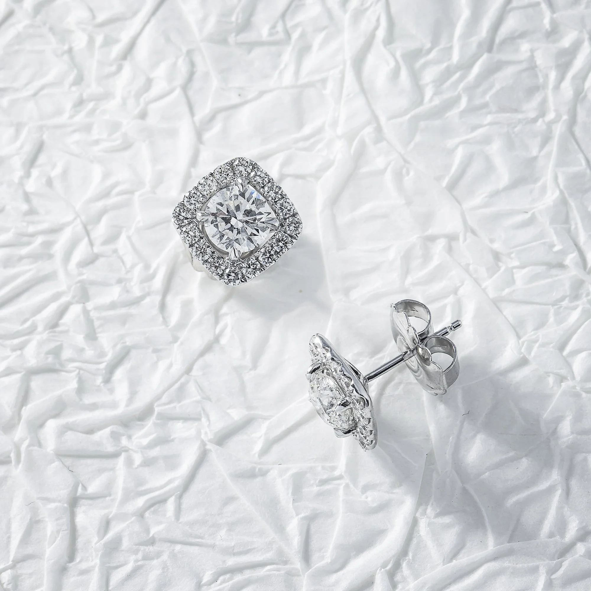 14K White Gold Square Shape Round Diamond Cluster Stud Earrings 2.83ctw - Image 3