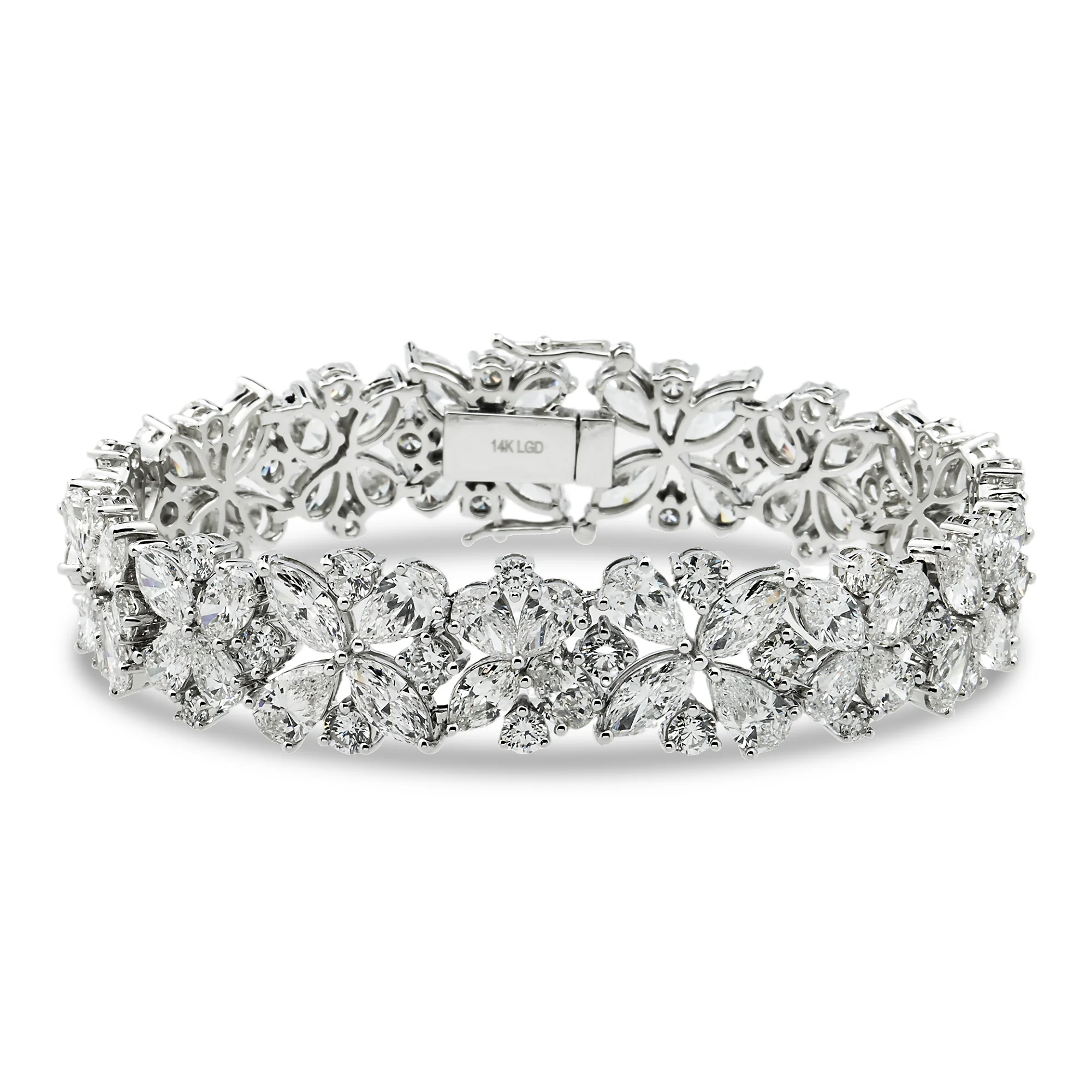 14K White Gold String of Flowers Multi Cut Diamond Bracelet 33.72ct