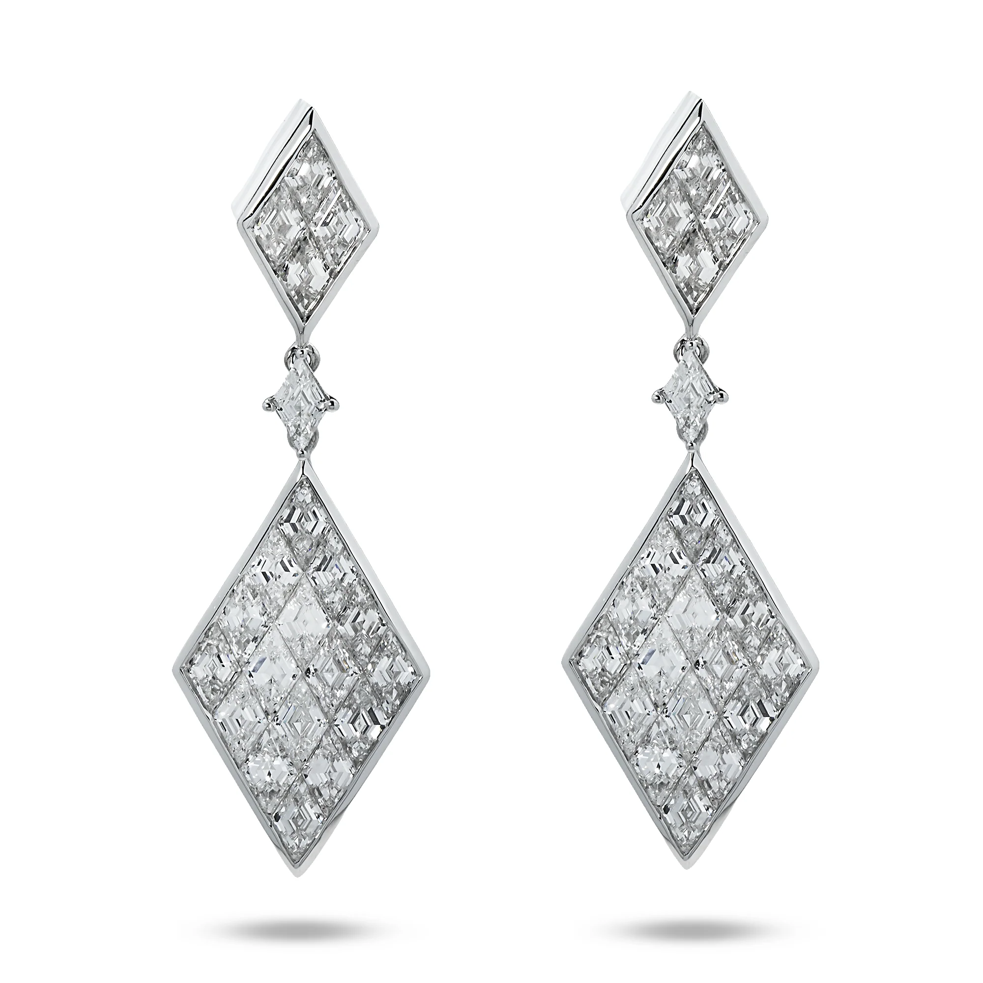 14K White Gold Three Tier Emerald Cut Diamond Drop Earrings 8.38ct