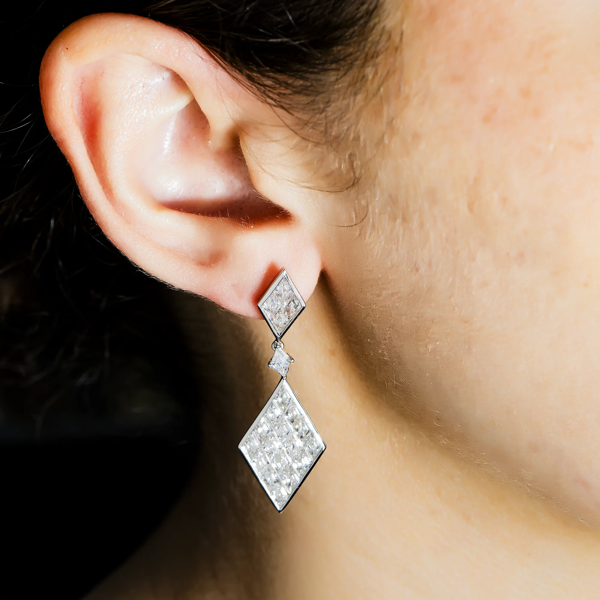 14K White Gold Three Tier Emerald Cut Diamond Drop Earrings 8.38ct - Image 2
