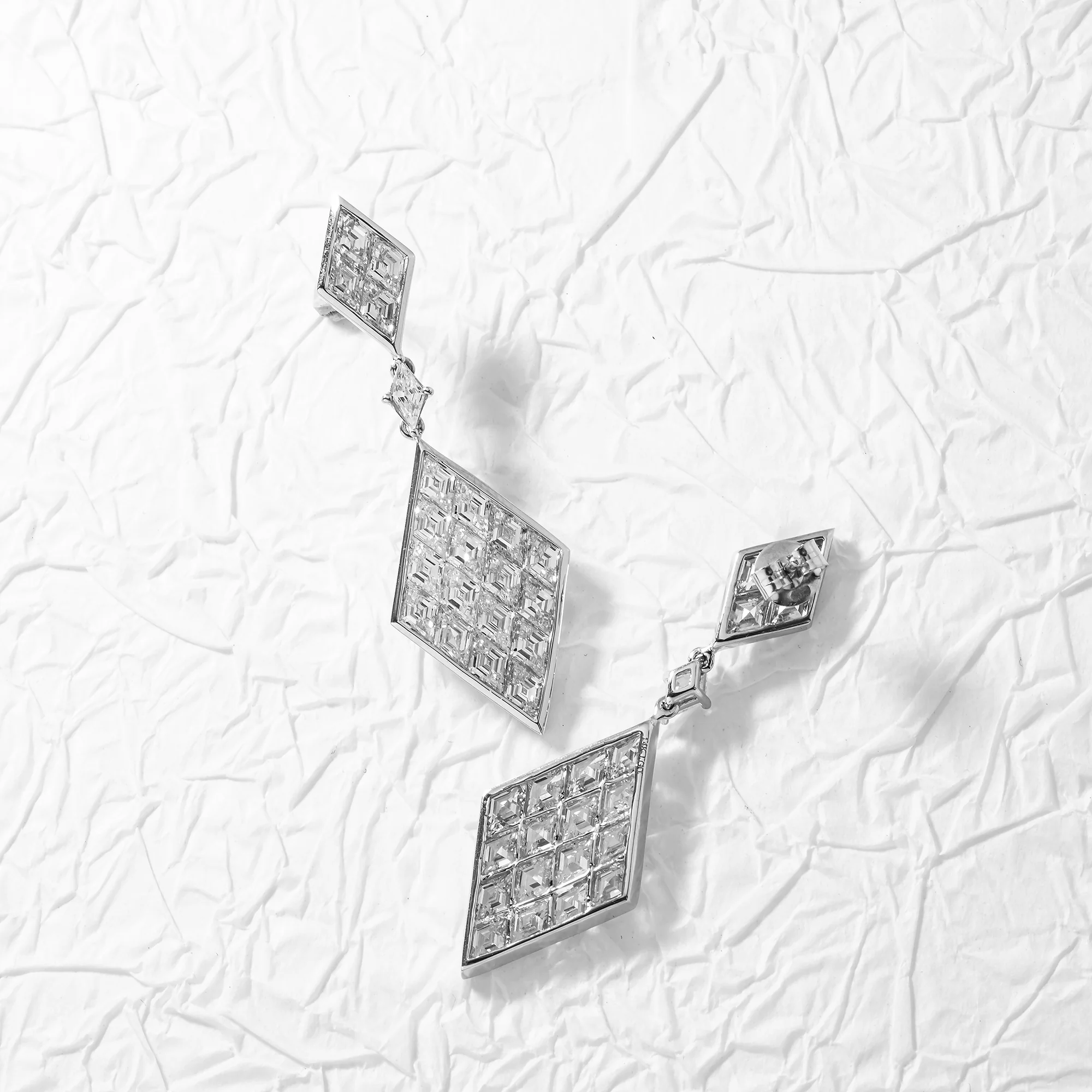 14K White Gold Three Tier Emerald Cut Diamond Drop Earrings 8.38ct - Image 3