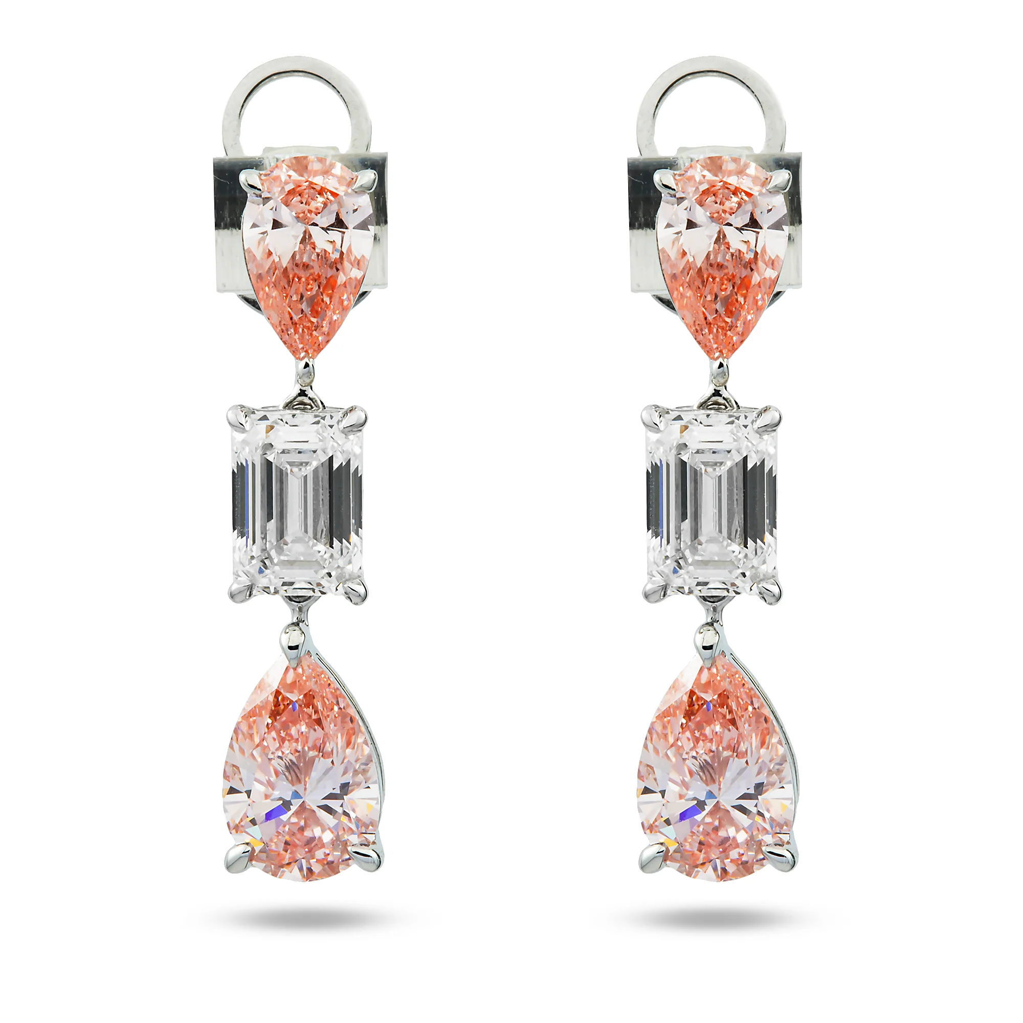 14K White Gold Three Tier Fancy Pink & White Diamond Drop Earrings 4.78ctw