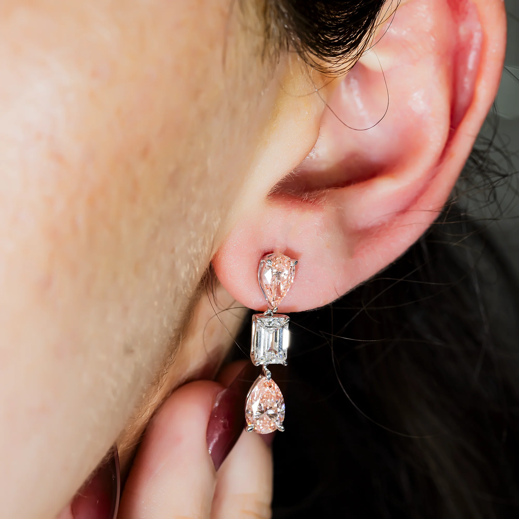 14K White Gold Three Tier Fancy Pink & White Diamond Drop Earrings 4.78ctw - Image 2