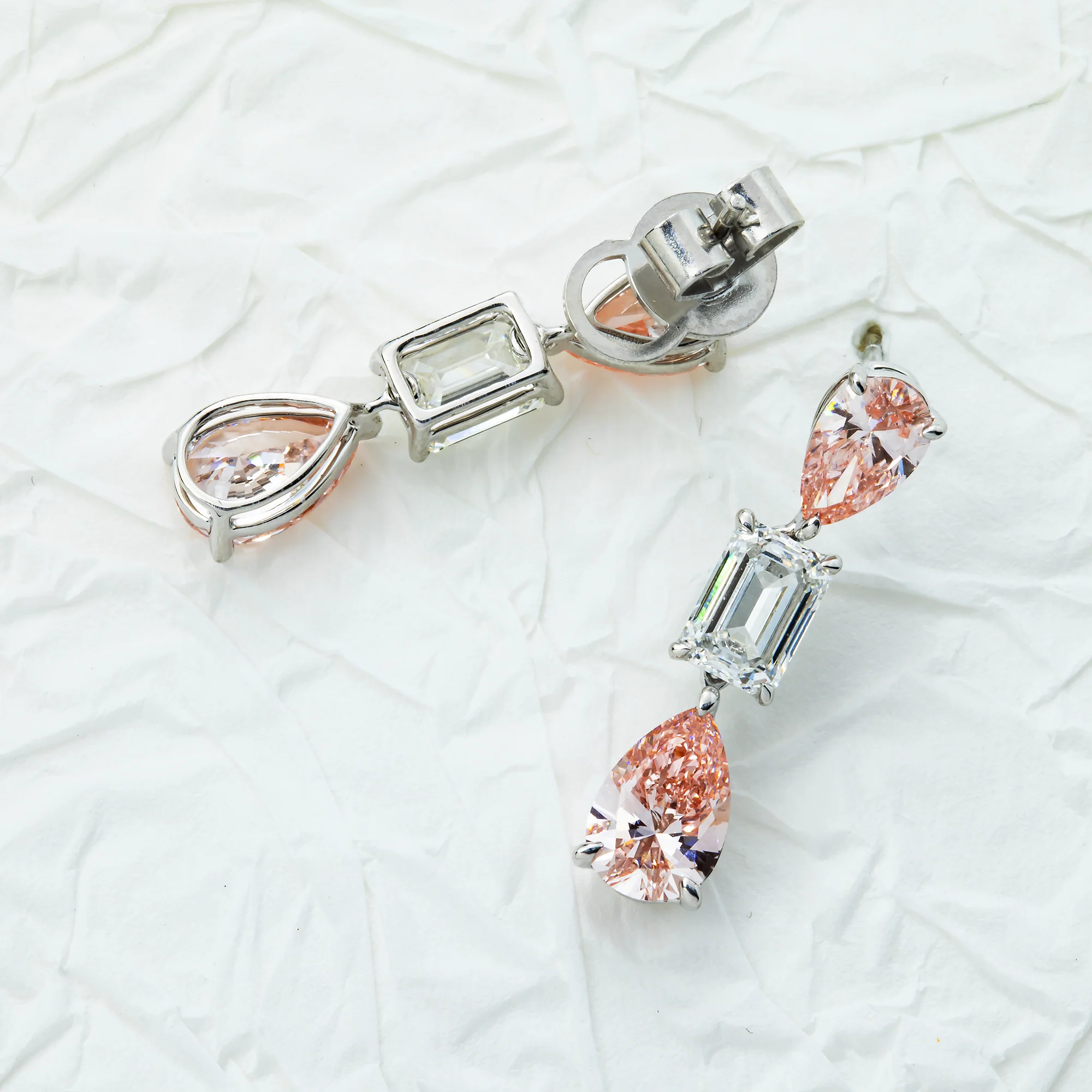 14K White Gold Three Tier Fancy Pink & White Diamond Drop Earrings 4.78ctw - Image 3