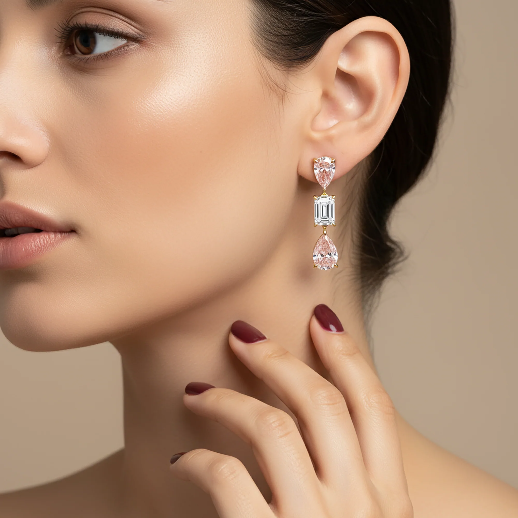14K White Gold Three Tier Fancy Pink & White Diamond Drop Earrings 4.78ctw - Image 5