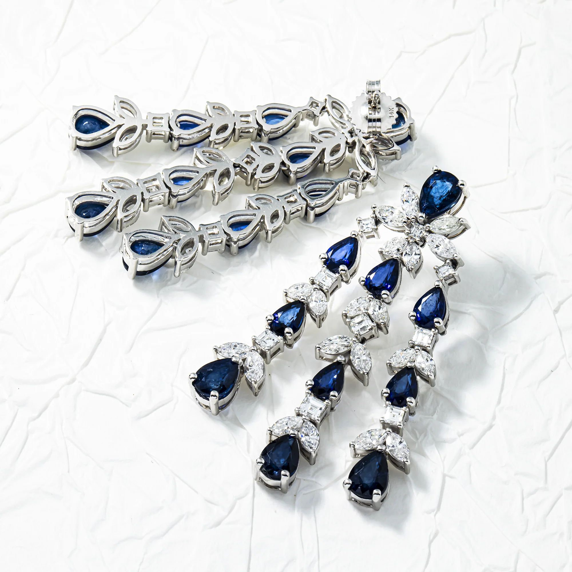 14K White Gold Three Tier Sapphire & Diamond Drop Earrings - Image 3