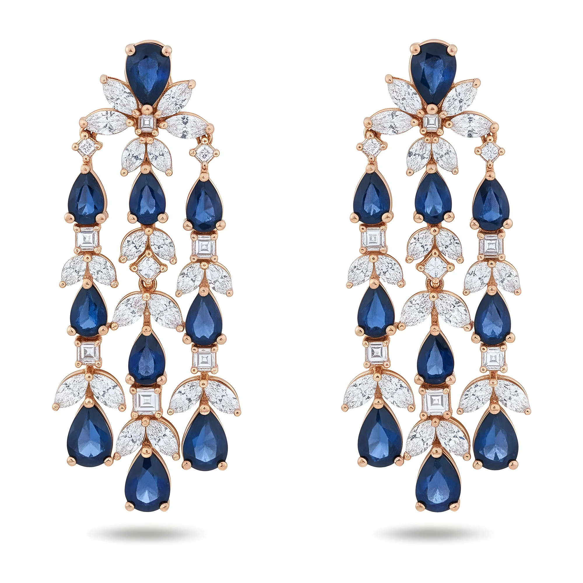 14K White Gold Three Tier Sapphire & Diamond Drop Earrings - Image 6