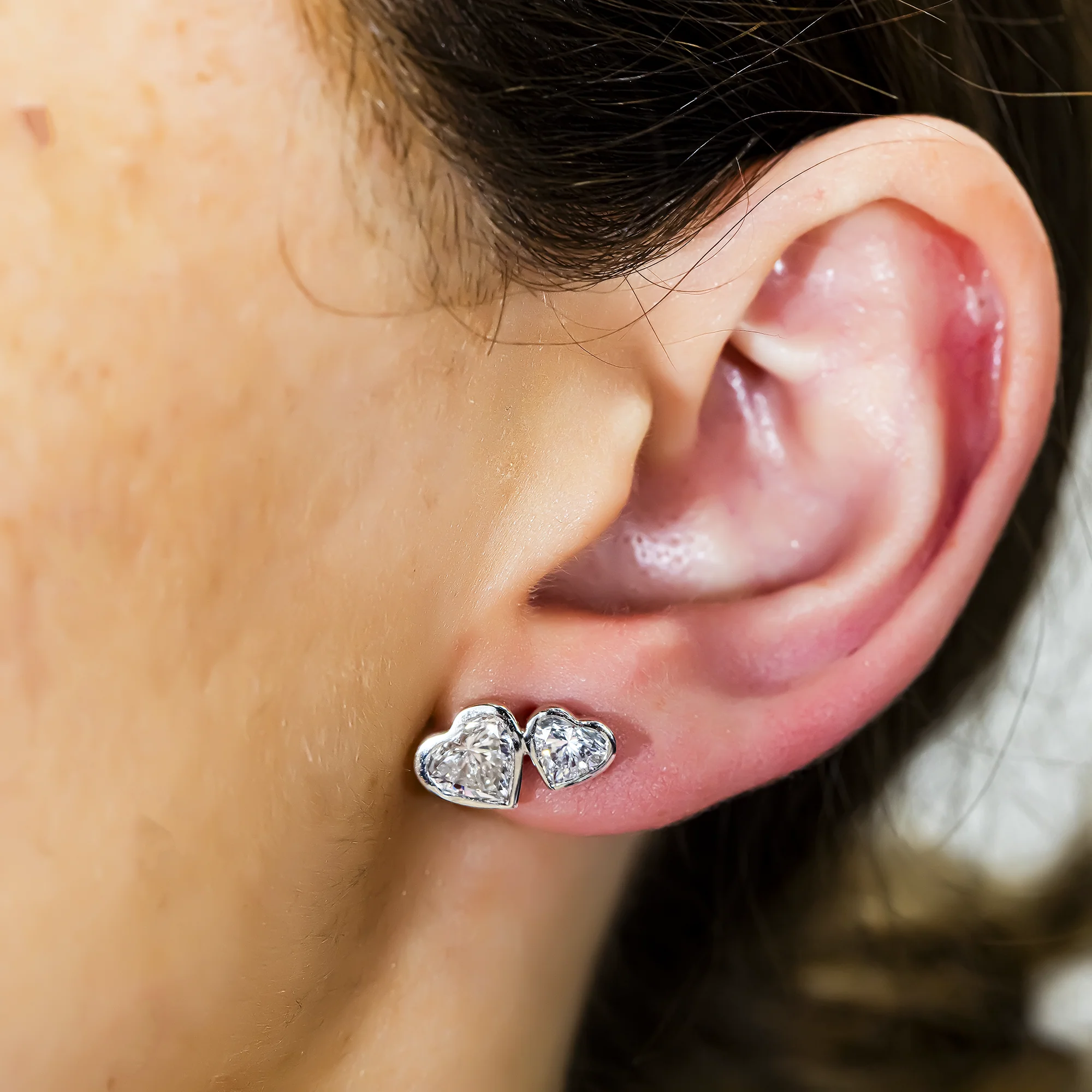 14K White Gold Toi et Moi Double Heart Cut Diamond Stud Earrings 3.17ctw - Image 2