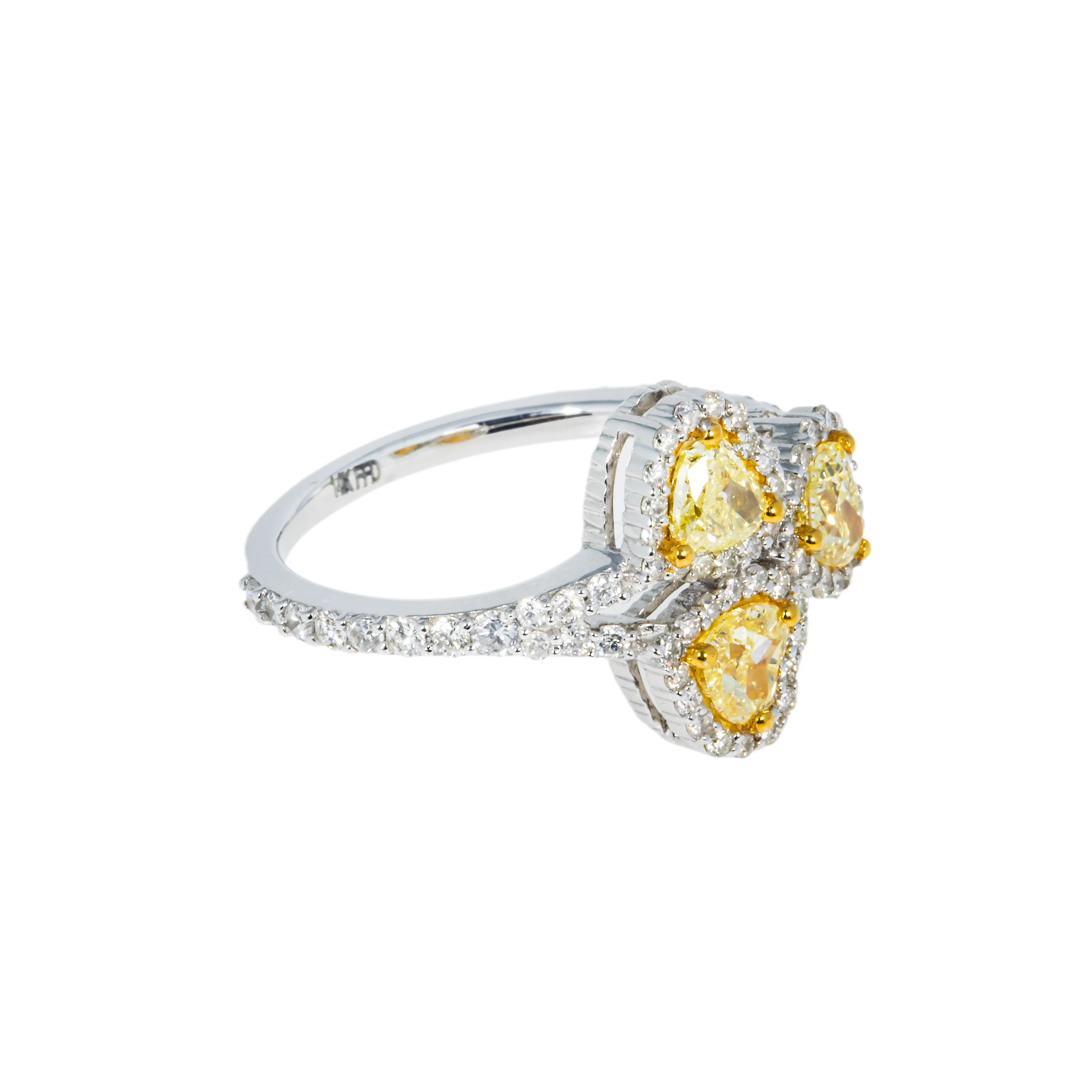 14K White Gold Triple Heart Cut Fancy Yellow Diamond Ring 1.66ct - Image 3