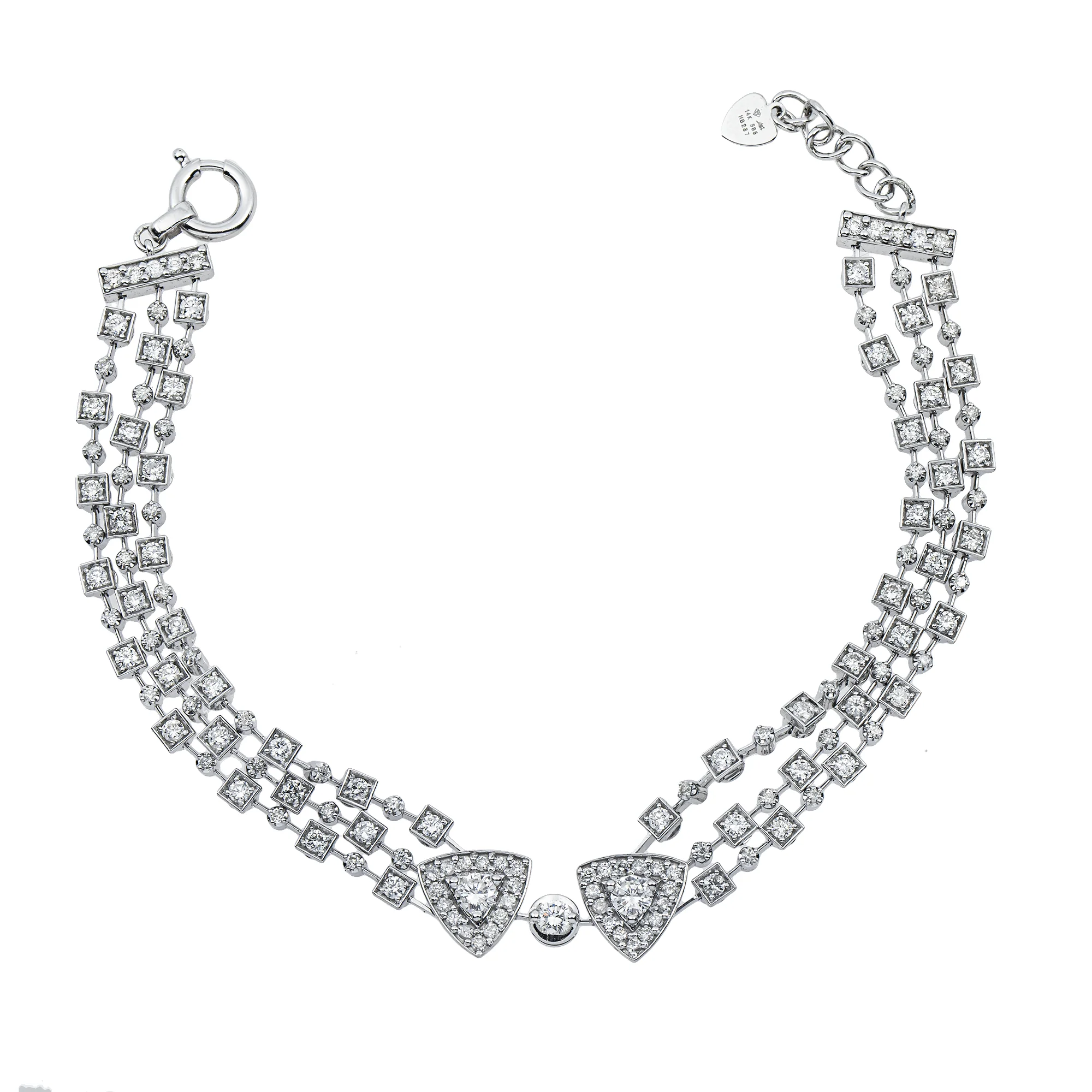 14K White Gold Triple Row Round Diamond Bracelet 3.01ct