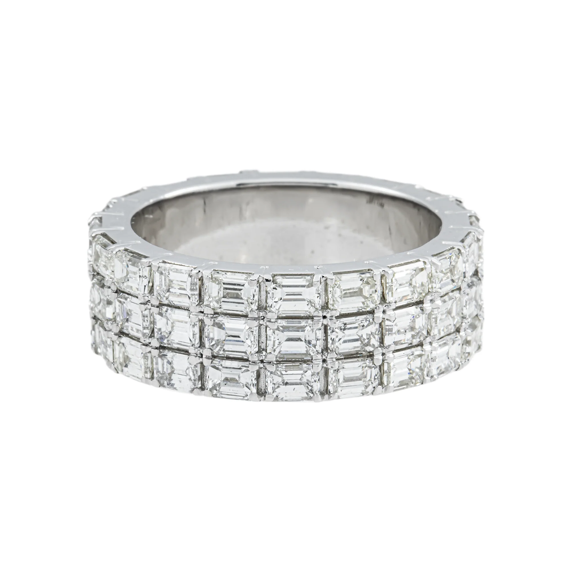 14K White Gold Triple Row Emerald Cut Diamond Eternity Ring 8.61ct (size 9.25)