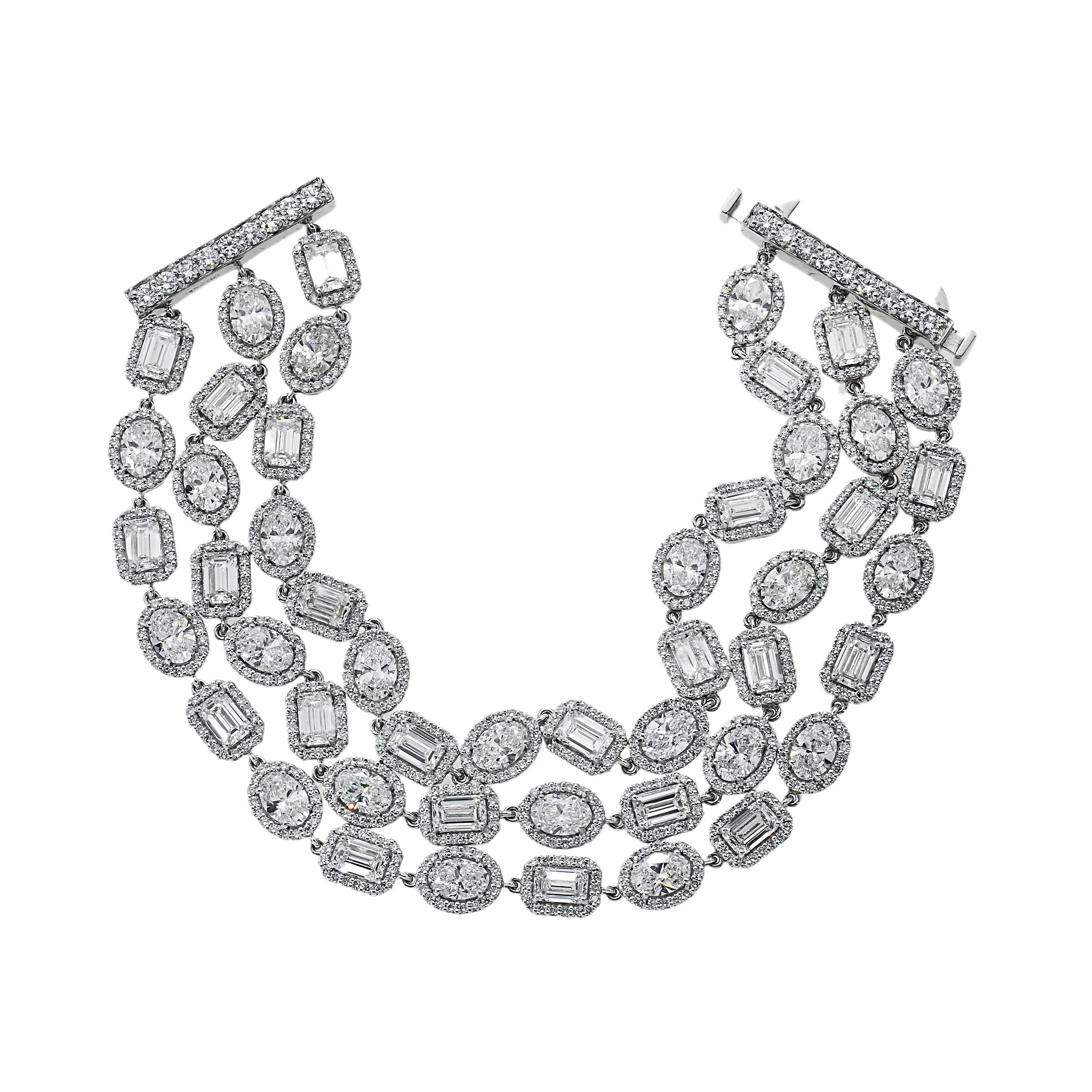 14K White Gold Triple Row Emerald, Oval & Round Cut Diamond Bracelet 31.47ct - Image 2