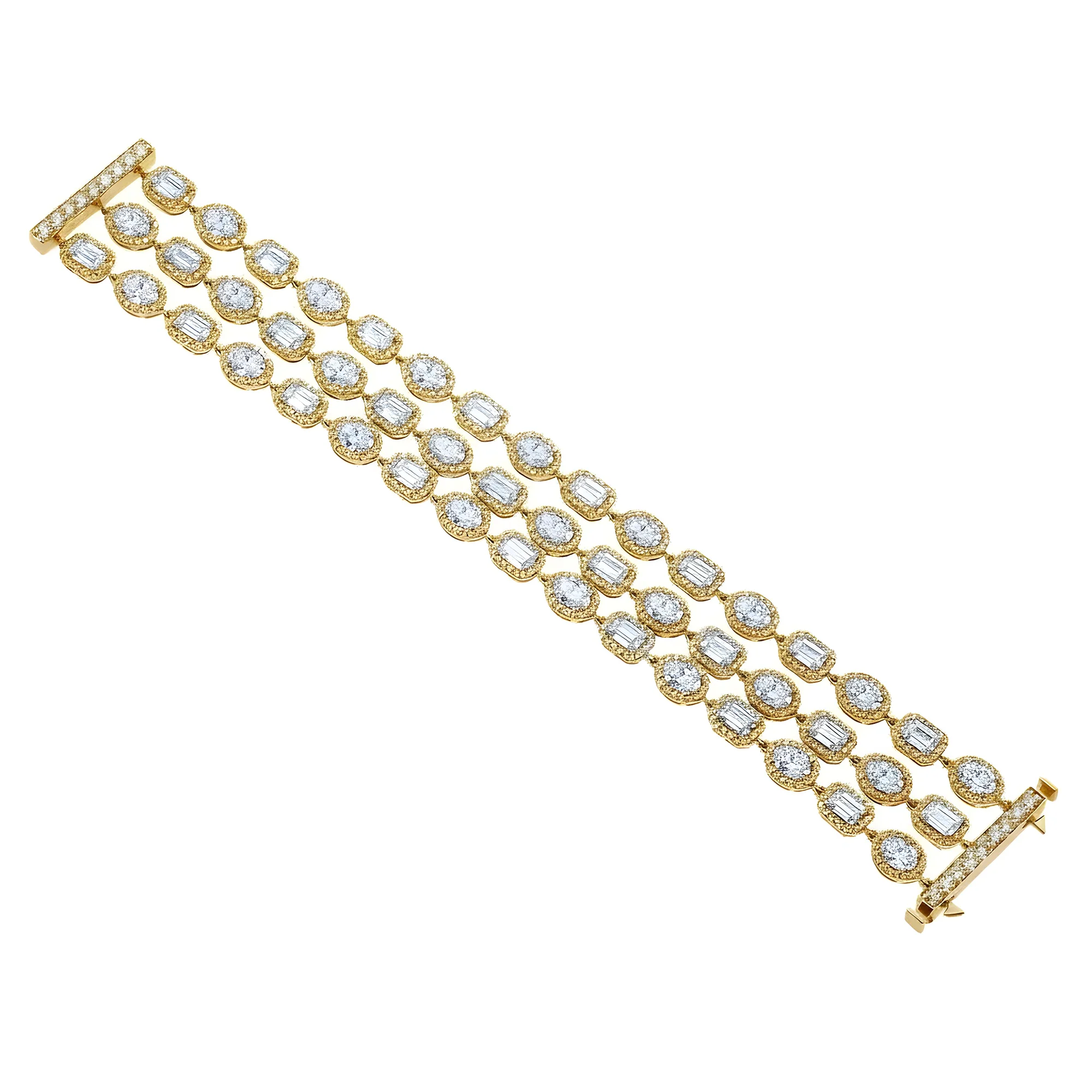 14K White Gold Triple Row Emerald, Oval & Round Cut Diamond Bracelet 31.47ct - Image 4