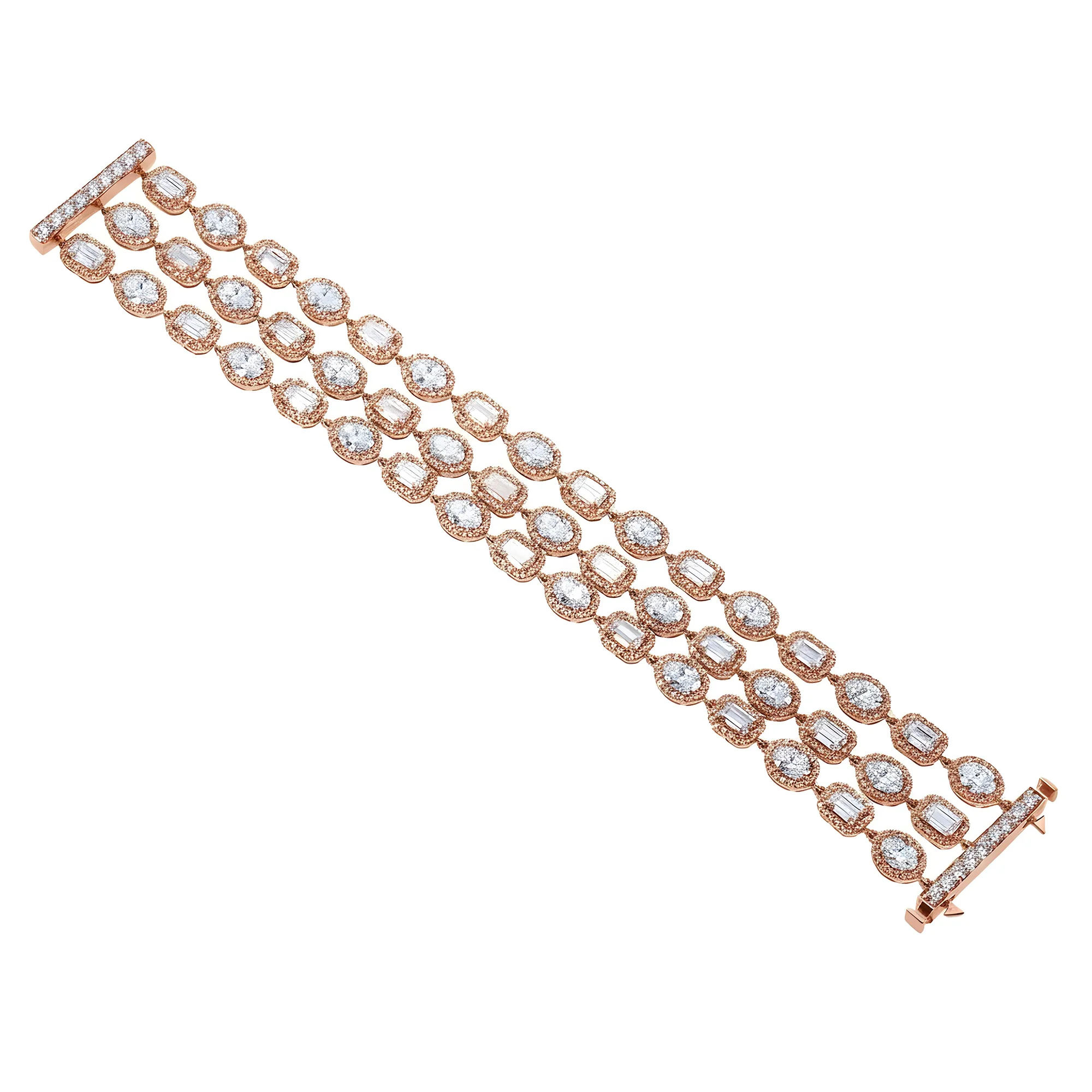 14K White Gold Triple Row Emerald, Oval & Round Cut Diamond Bracelet 31.47ct - Image 6