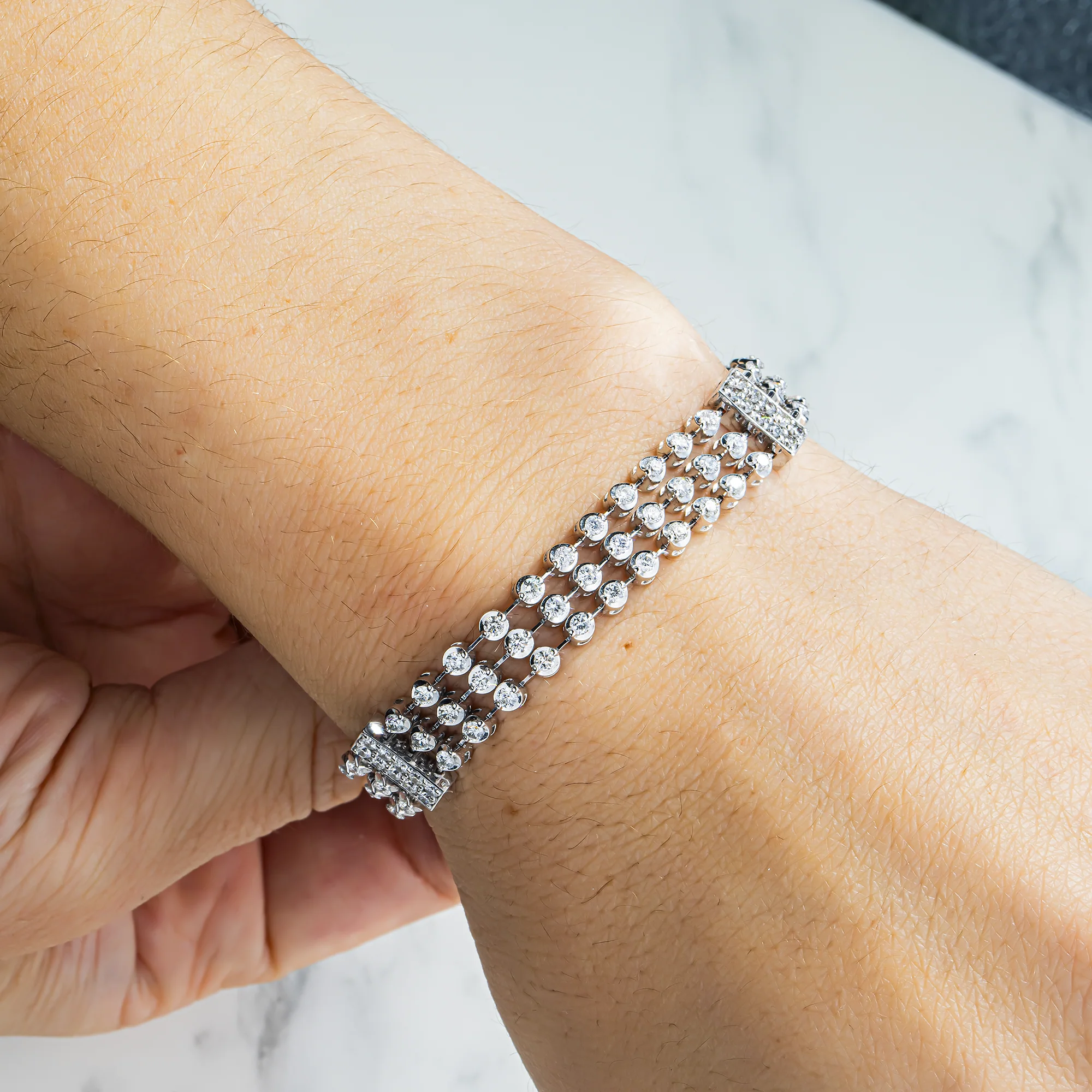 14K White Gold Triple Row Round Diamond Bracelet 3.96ct - Image 2