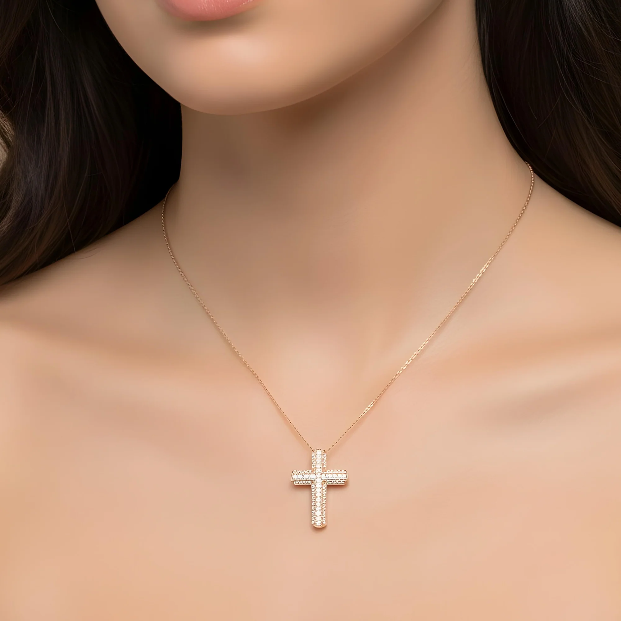 14K White Gold Triple Row Round Diamond Cross Pendant 0.71ct - Image 9