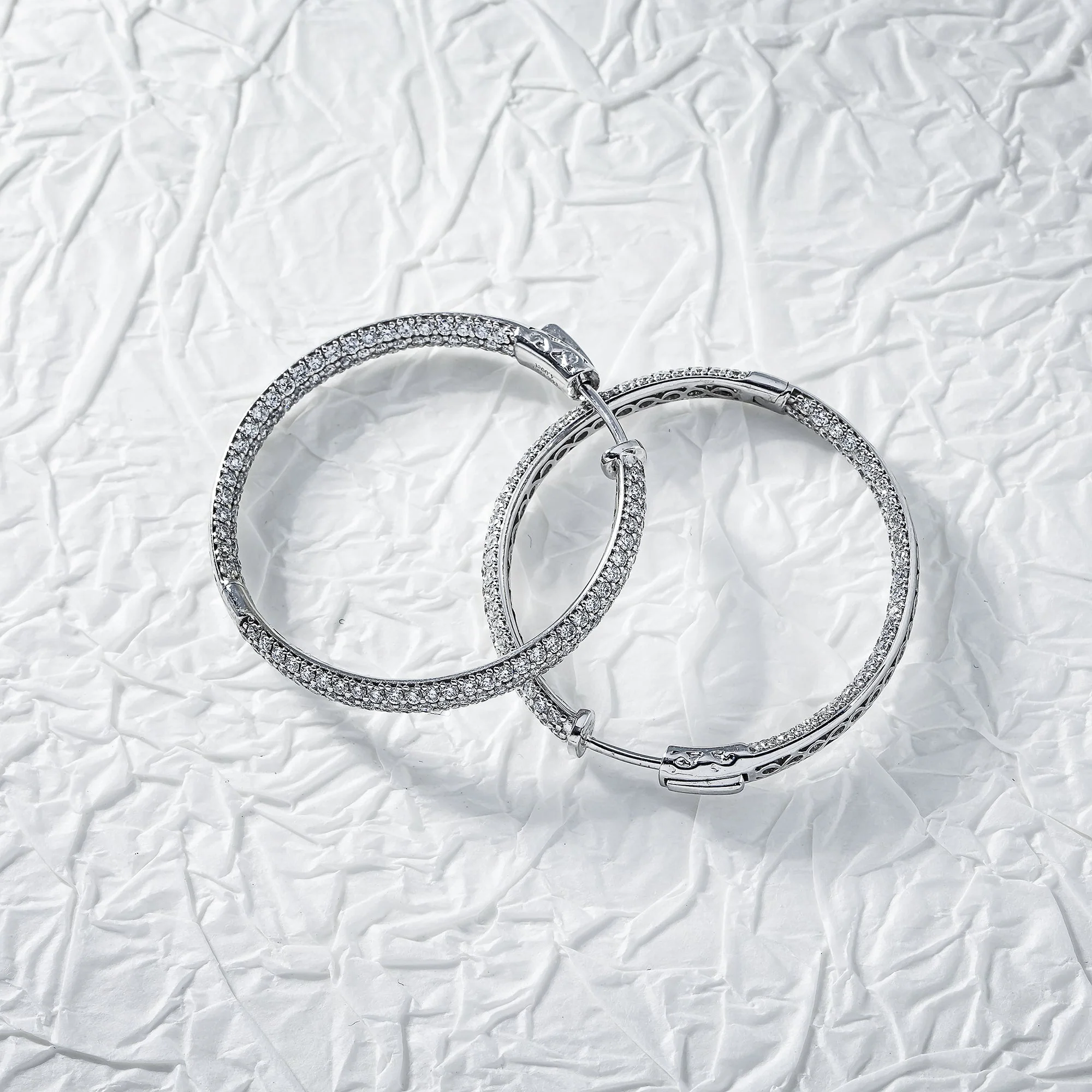 14K White Gold Triple Row Round Diamond Inside Out Hoop Earrings 4.0ctw - Image 3