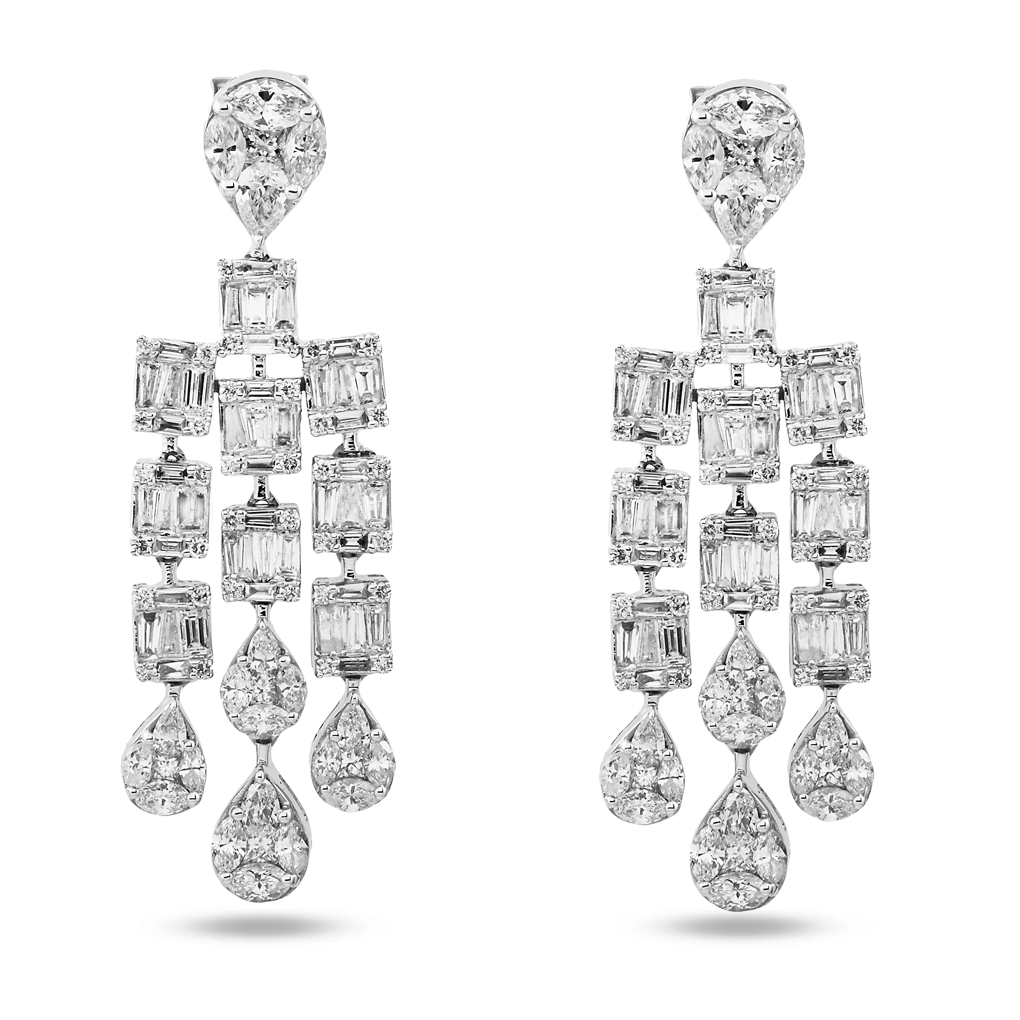 14K White Gold Triple Tier Baguette Diamond Drop Earrings 4.37ctw