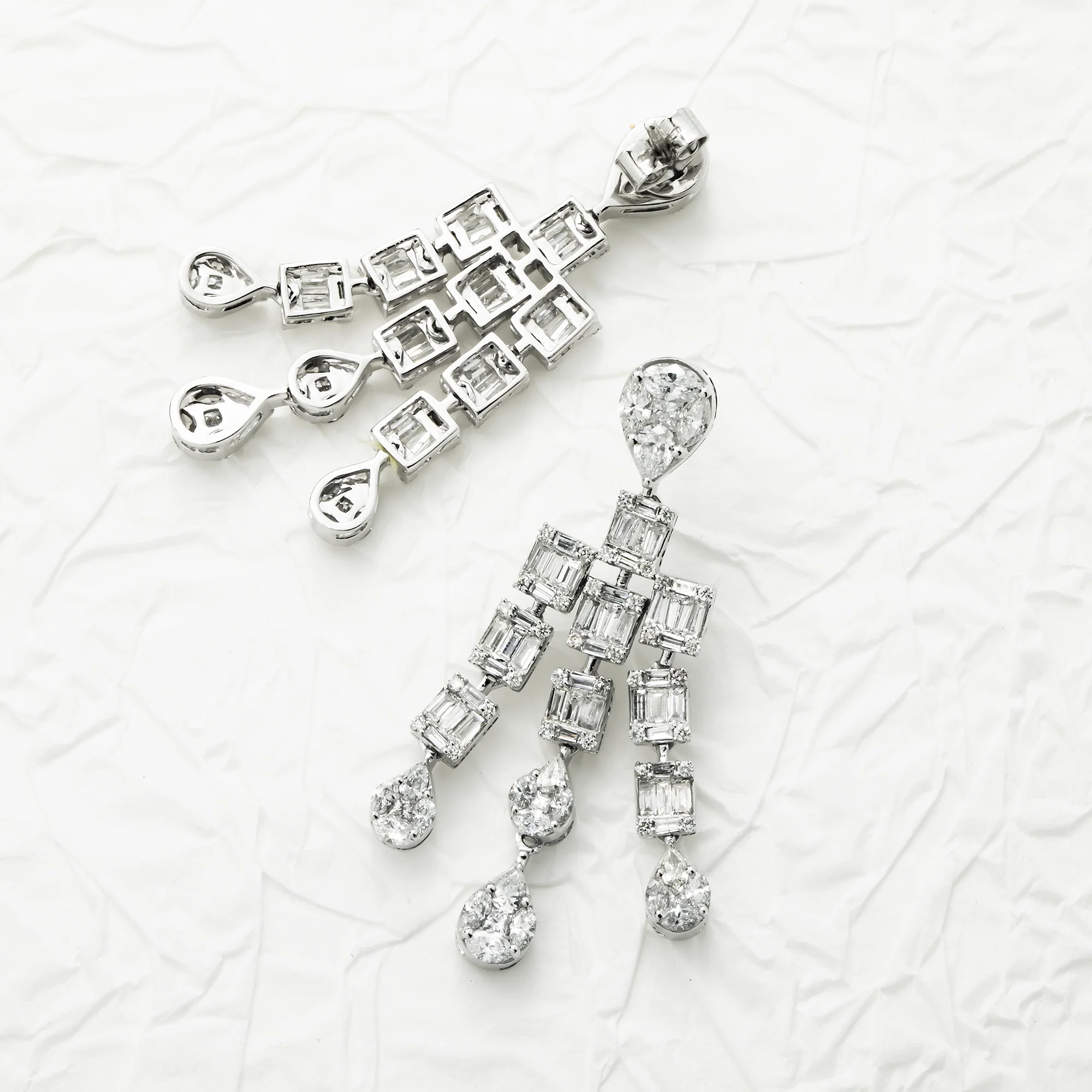 14K White Gold Triple Tier Baguette Diamond Drop Earrings 4.37ctw - Image 3