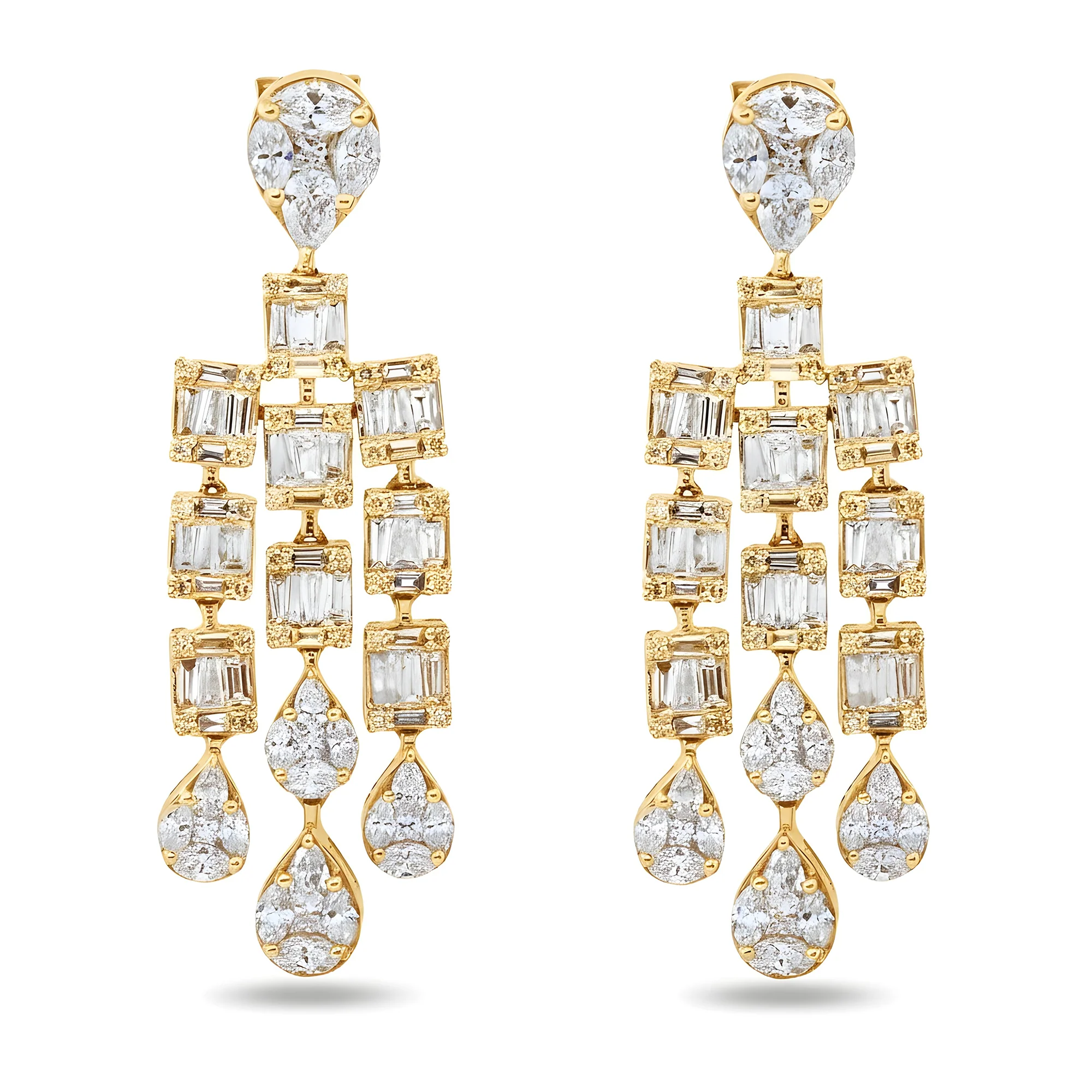 14K White Gold Triple Tier Baguette Diamond Drop Earrings 4.37ctw - Image 4