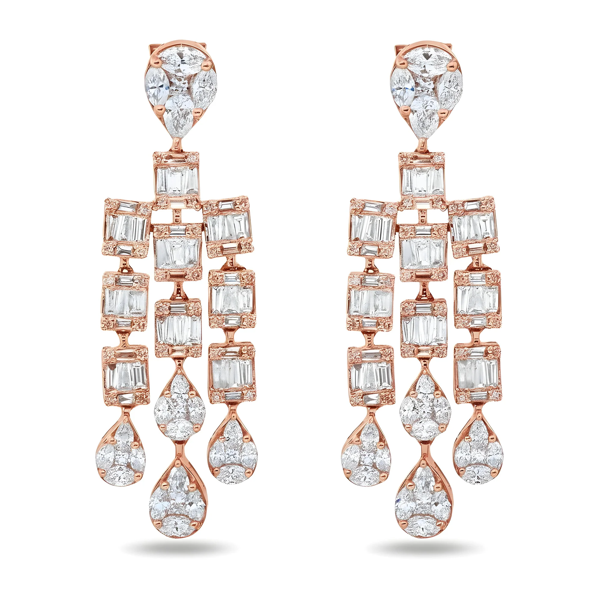 14K White Gold Triple Tier Baguette Diamond Drop Earrings 4.37ctw - Image 6