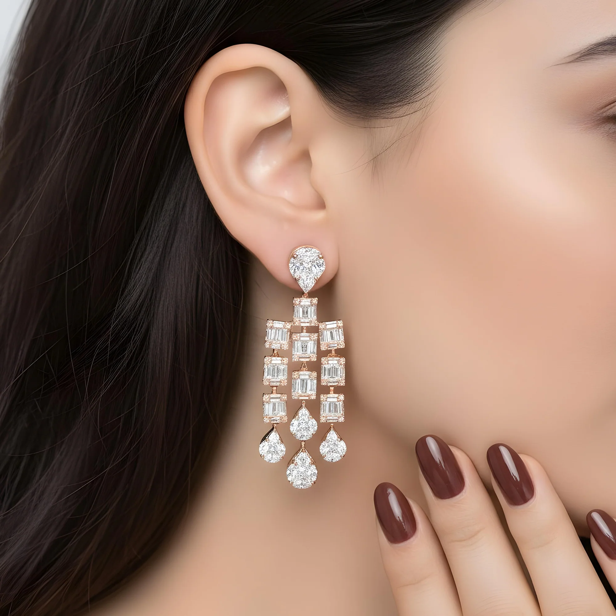 14K White Gold Triple Tier Baguette Diamond Drop Earrings 4.37ctw - Image 7