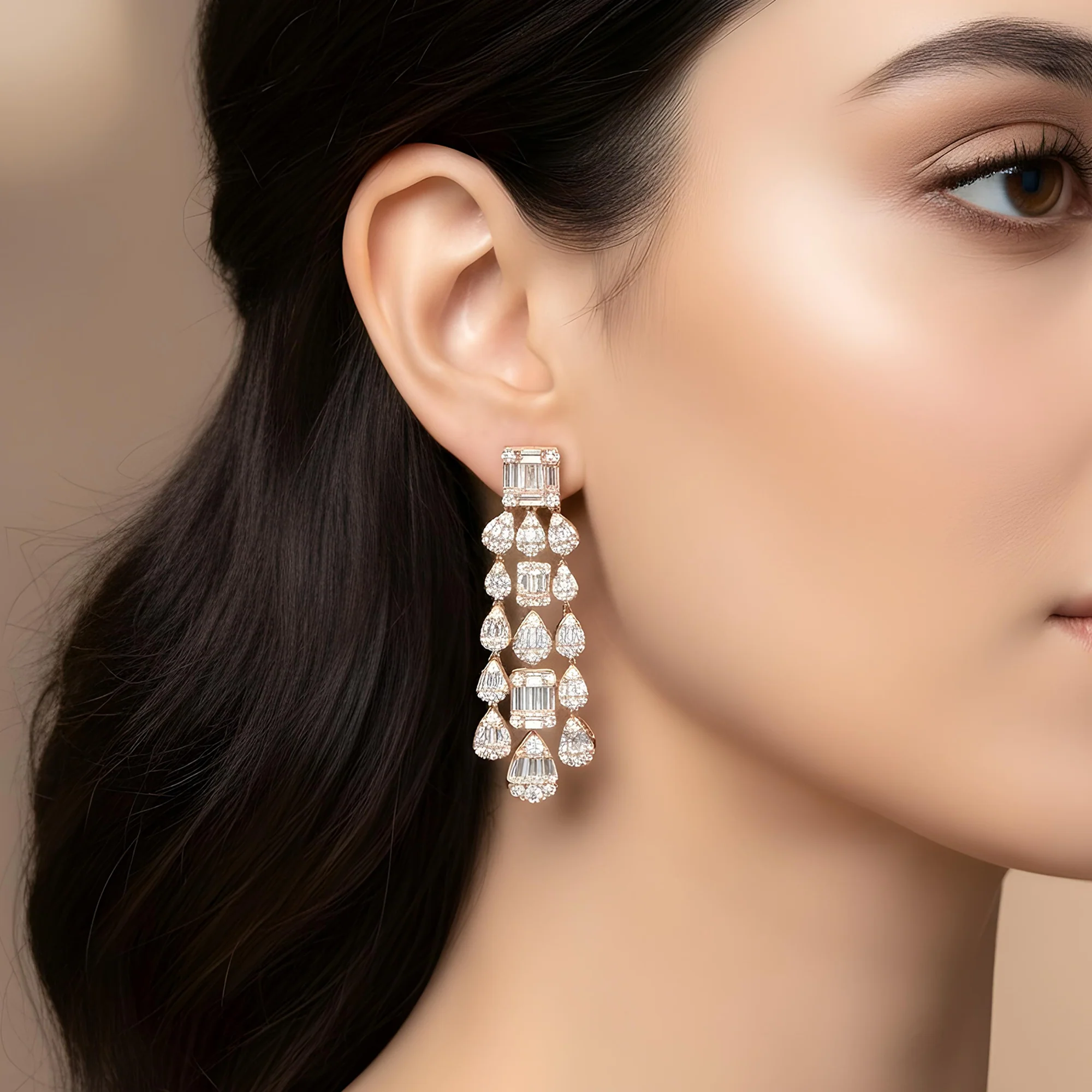 14K White Gold Triple Tier Baguette Diamond Drop Earrings 5.94ctw - Image 7