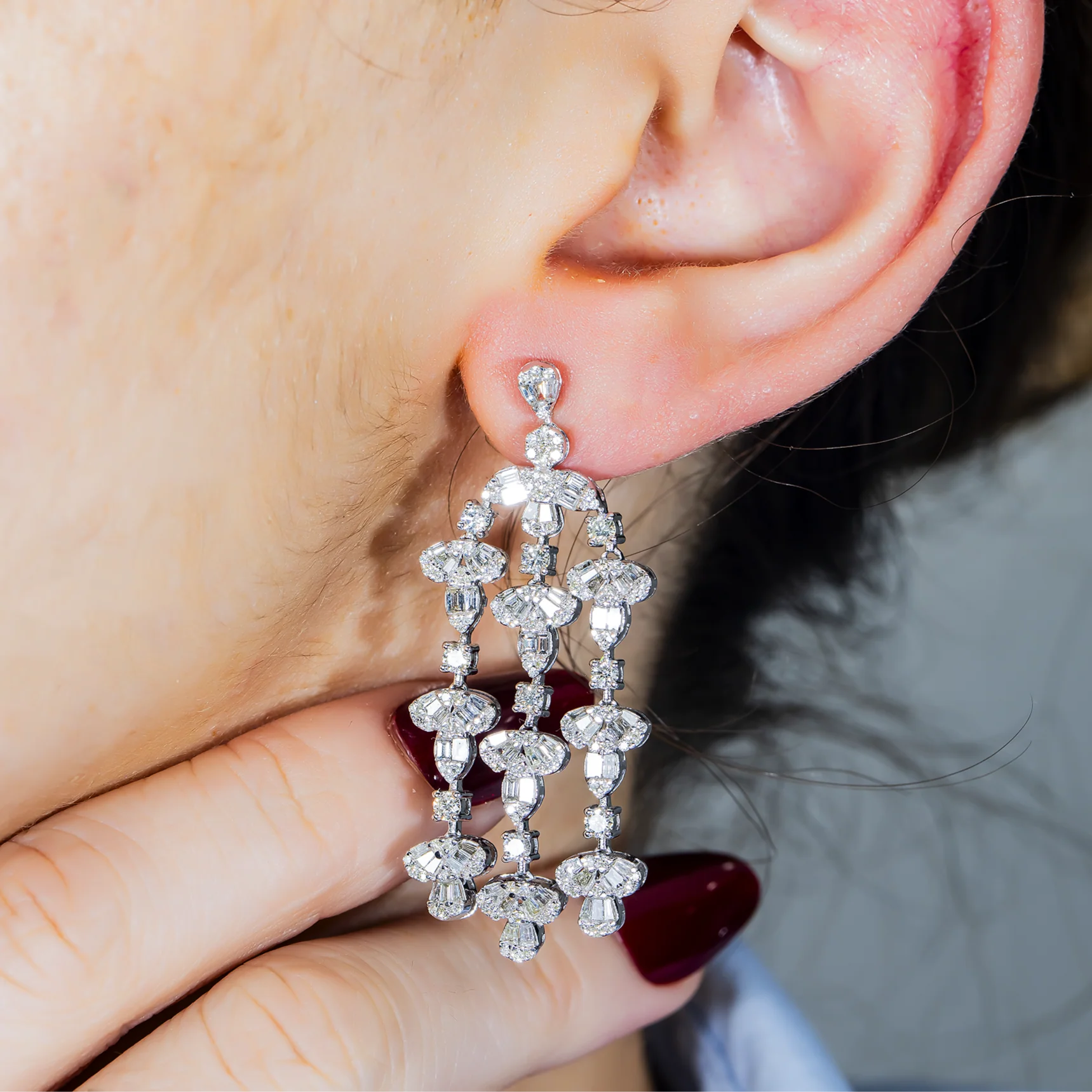 14K White Gold Triple Tier Baguette & Round Diamond Drop Earrings 3.88ctw - Image 2