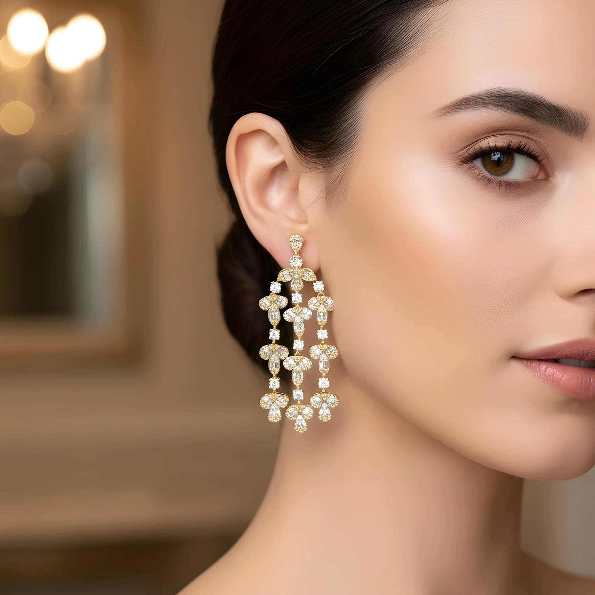 14K White Gold Triple Tier Baguette & Round Diamond Drop Earrings 3.88ctw - Image 5